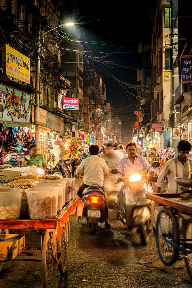 Night time street scenes, Jail Road, Indore, India