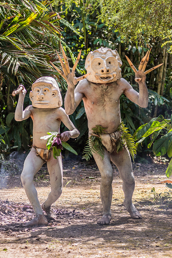 Mud Men warriors re-enact their creation story at the Pogla Village Cultural Centre, Mt Hagen