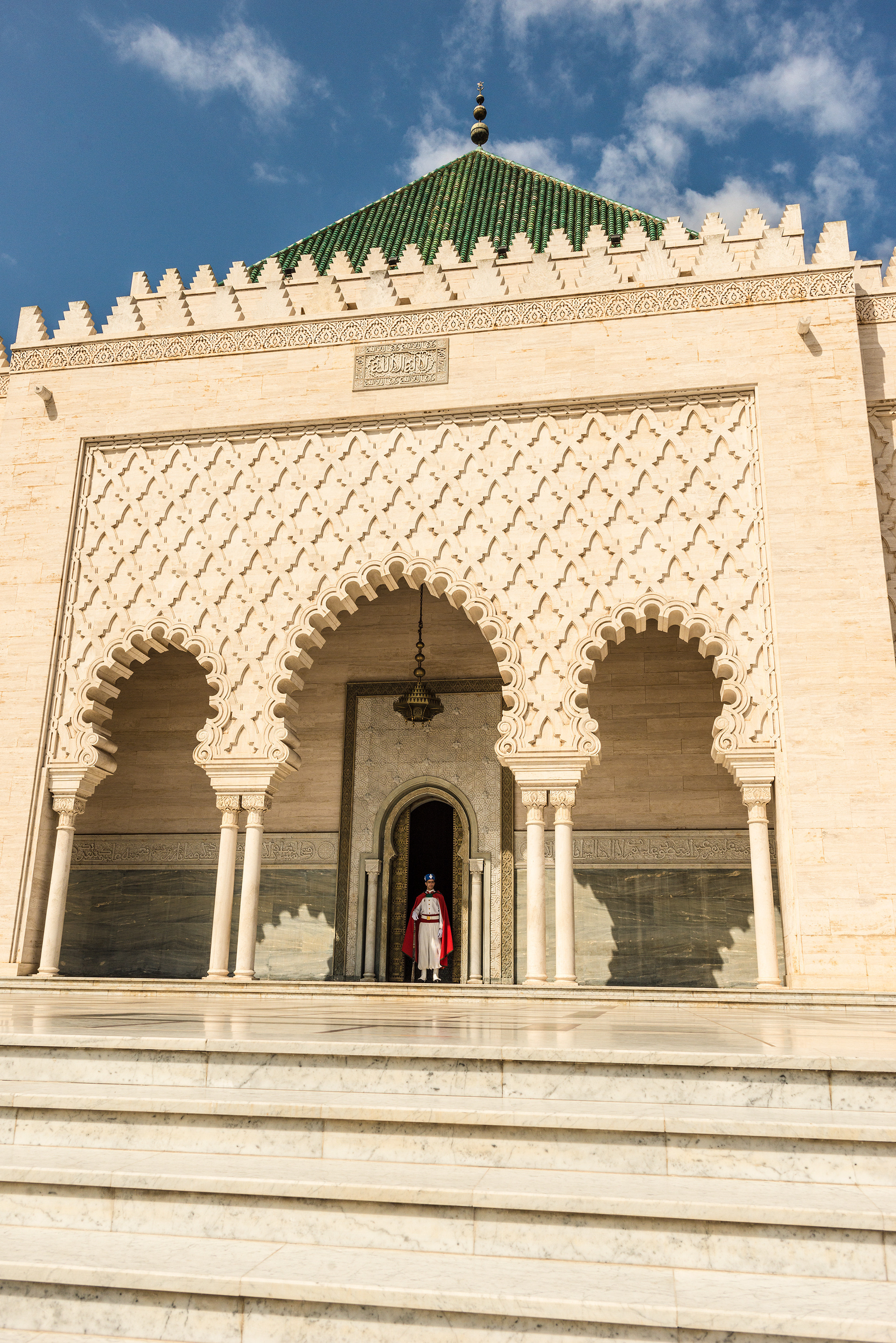 A royal guard at Hassan Tower & Mohamed V Mausoleum, one of three UNESCO sites in Rabat, Morocco