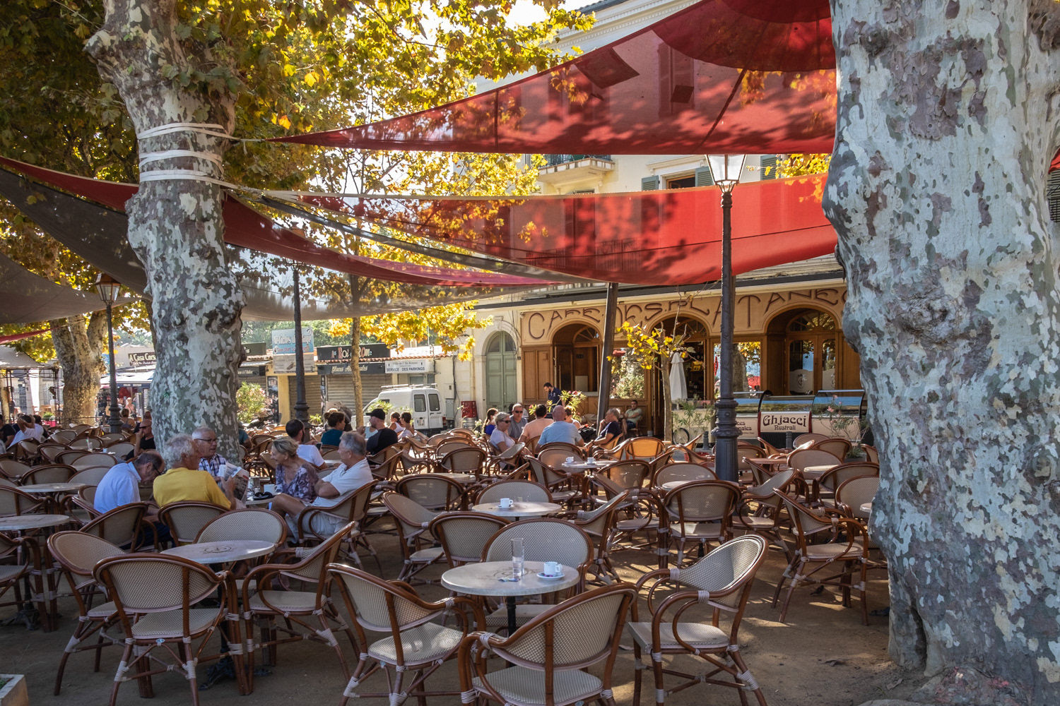 Cafe Des Platanes in the main square, L'lle Rousse, Corsica