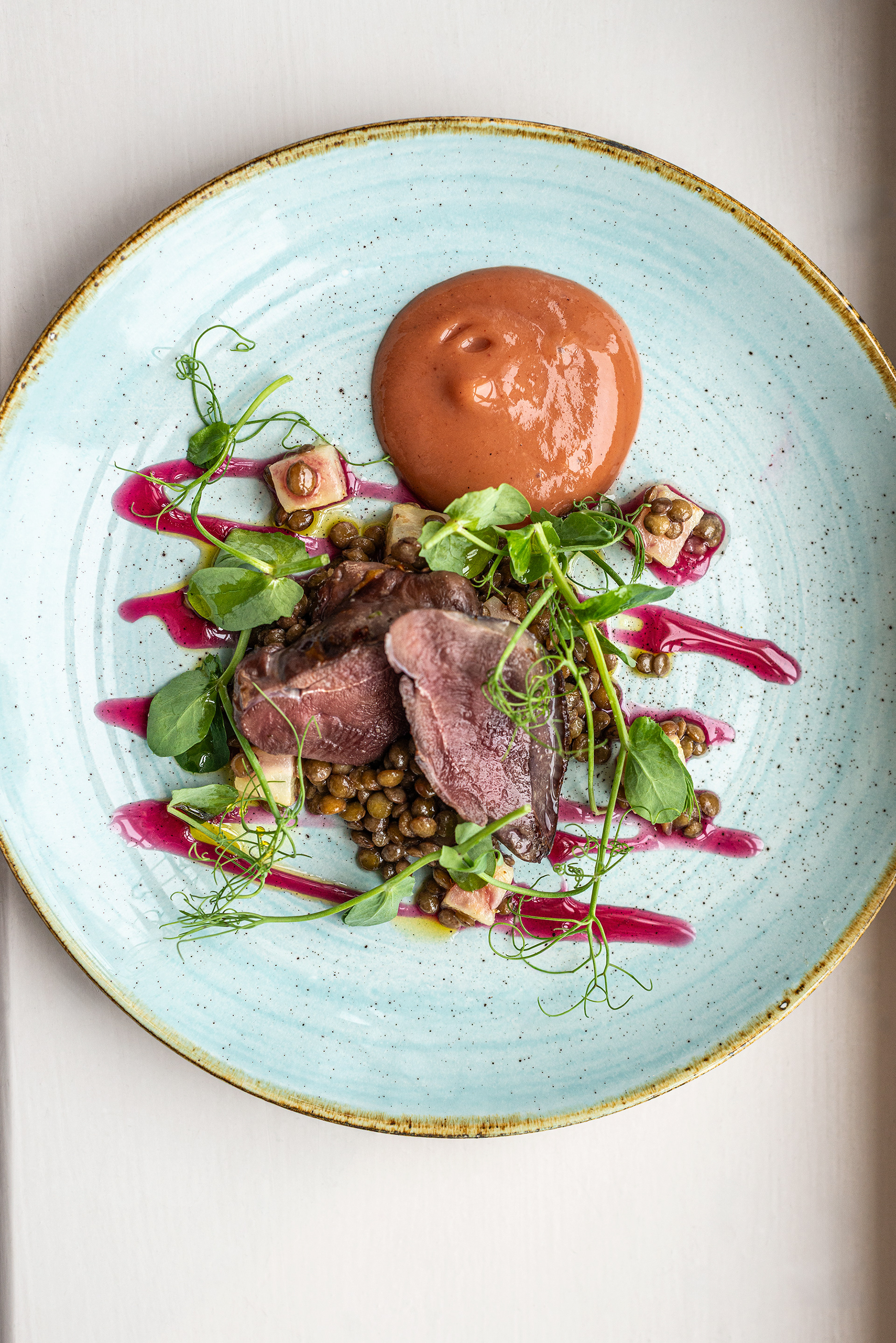 Wood pigeon breast with Plum ketchup, Puy lentils, Comfit celeriac & Port syrup