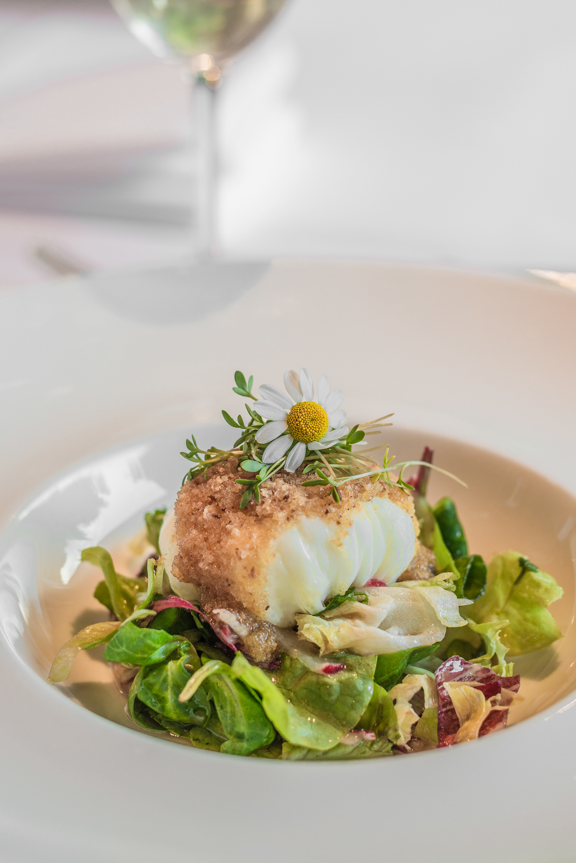 Poached Egg Salad with camomile flowers at Bio hotel and restaurants, Bizau