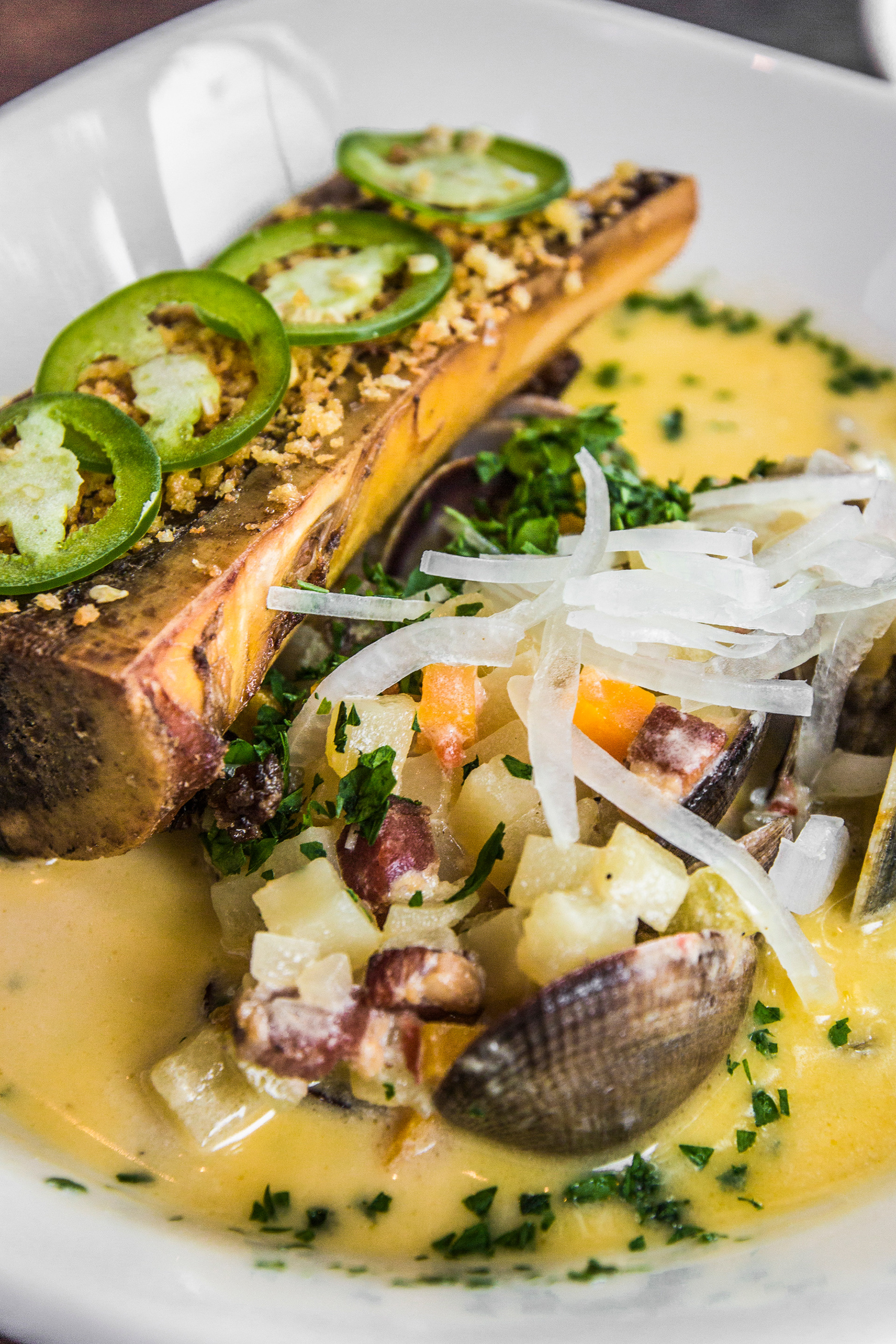 The innovative Ox Restaurant for Clam Chowder with Smoked Marrow Bone, Willamette Sweet Onion & Jalapeño