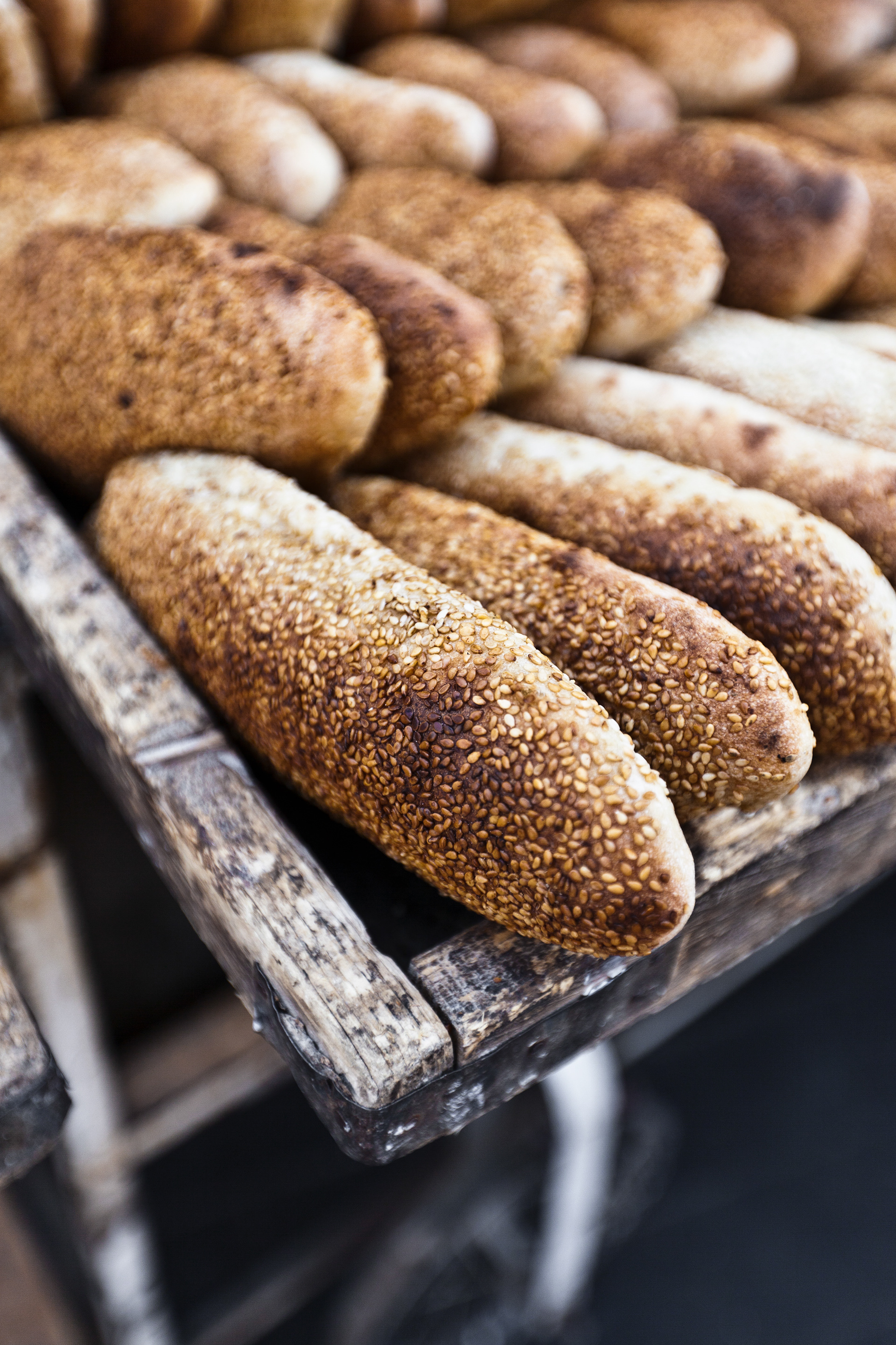 Sesame seed bread for sale on a hand cart, downtown Amman