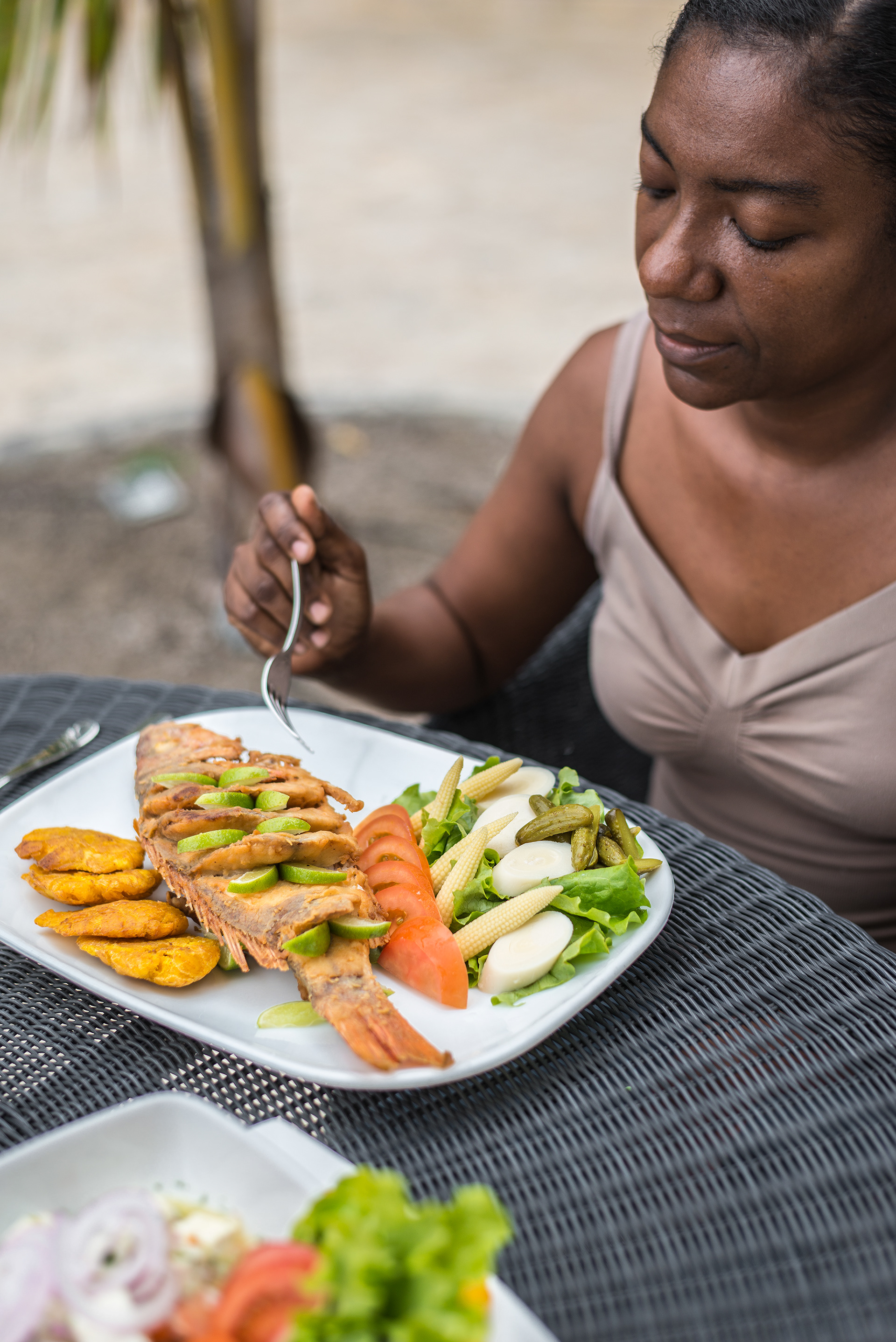 Camotillo Frito (Fried Fish served with plantains & rice salad) at Hotel Makana near Atacames