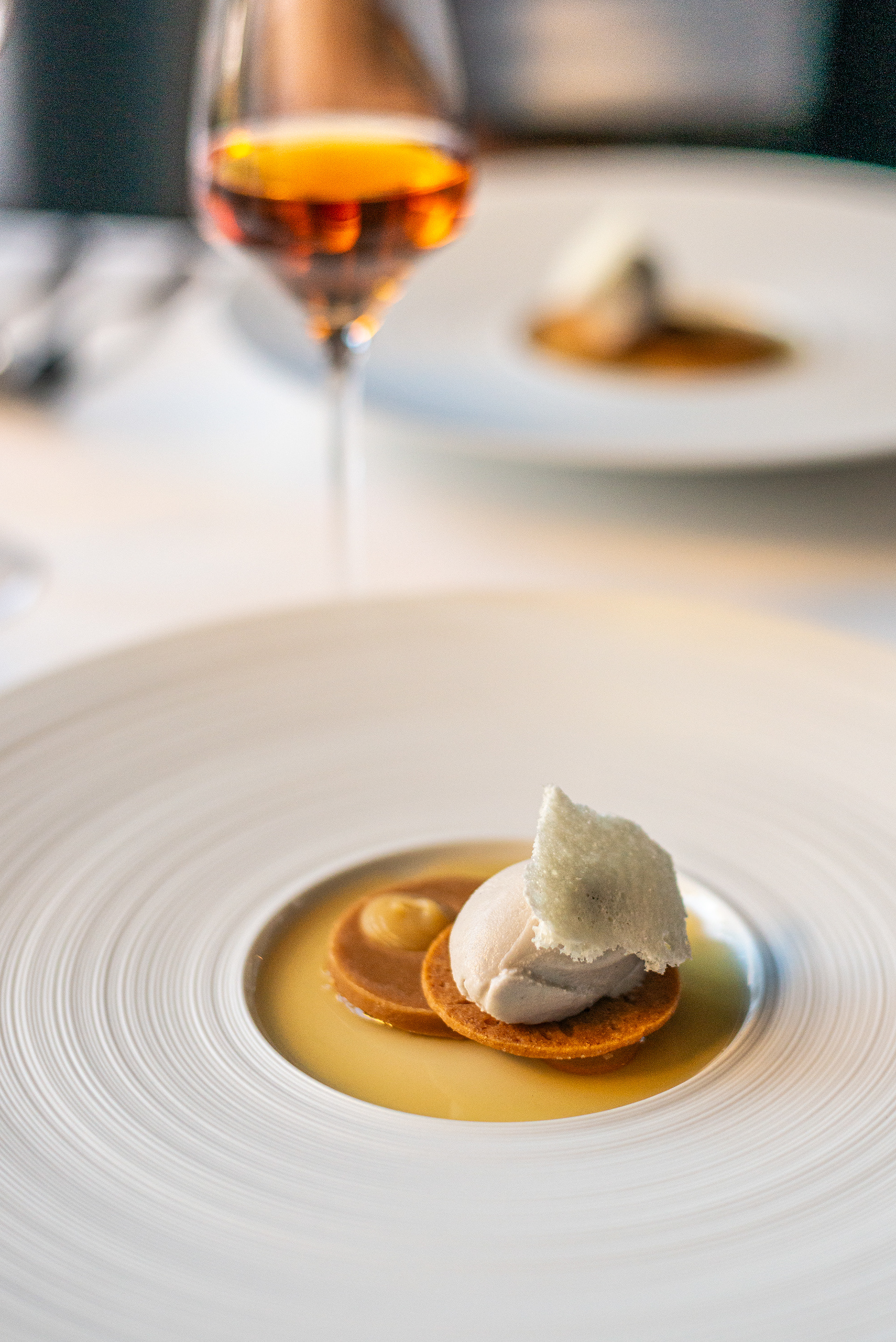 Buscuits & Honey, Liquid short bread, Honey ganach, spiced tuile, buscuit ice cream &Tokaji sweet wine - Bastion Restaurant (Michellin Star) - Kinsale