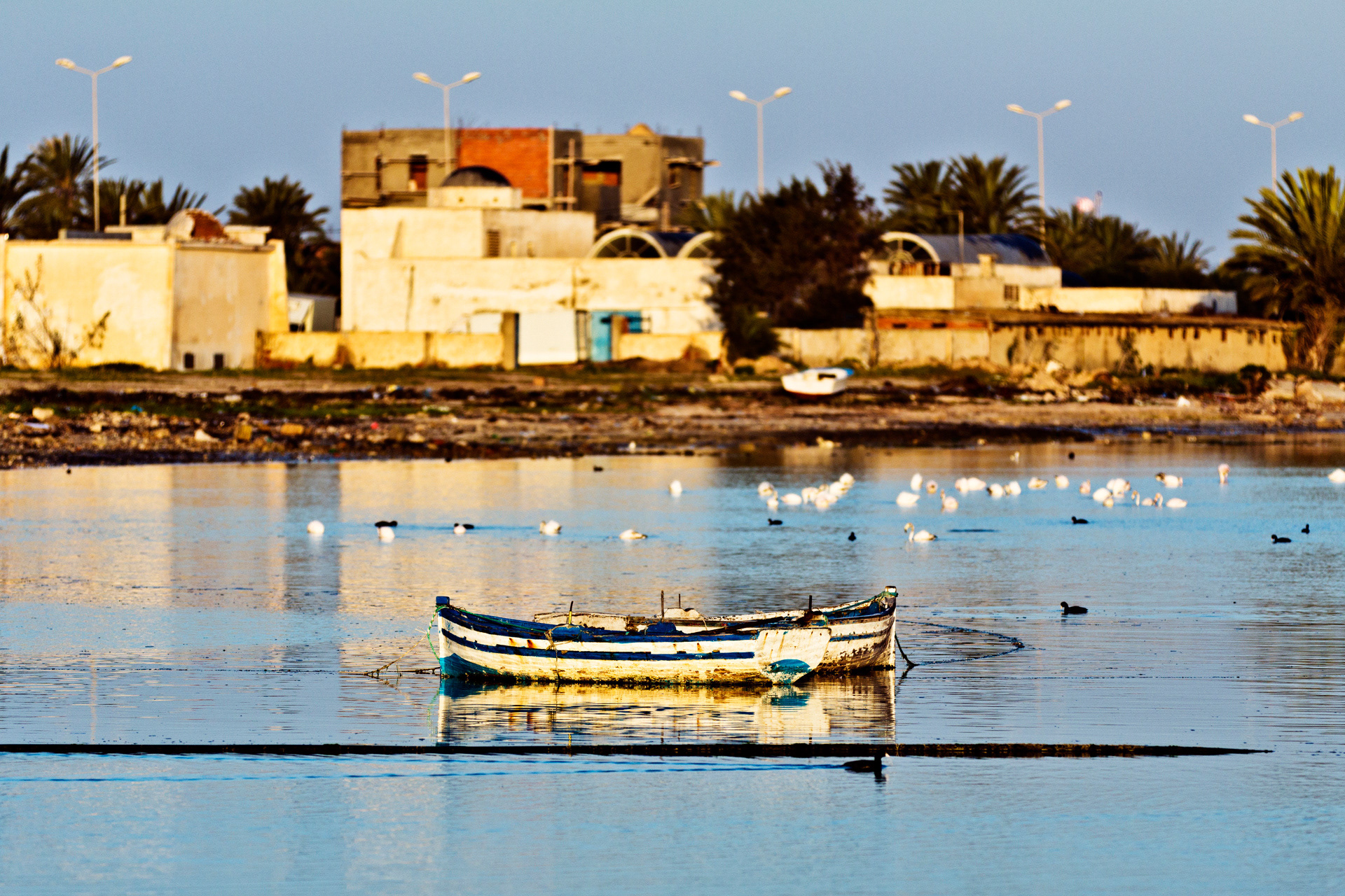 Sunrise at the port of Houmt Souk with the fort of Borj El K'bir in the background, Djerba Island