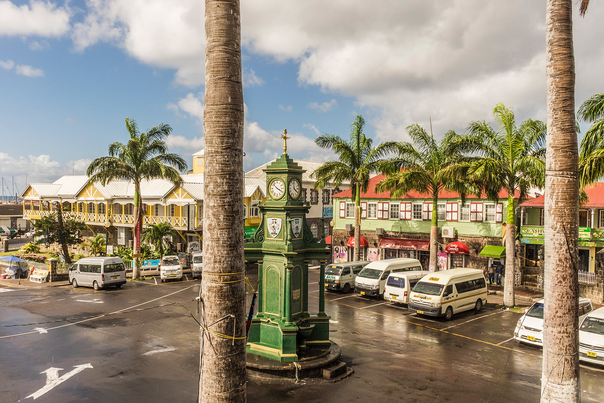 Downtown St Kitts in the sleepy capital of Basseterre after a brief shower on Saturday morning