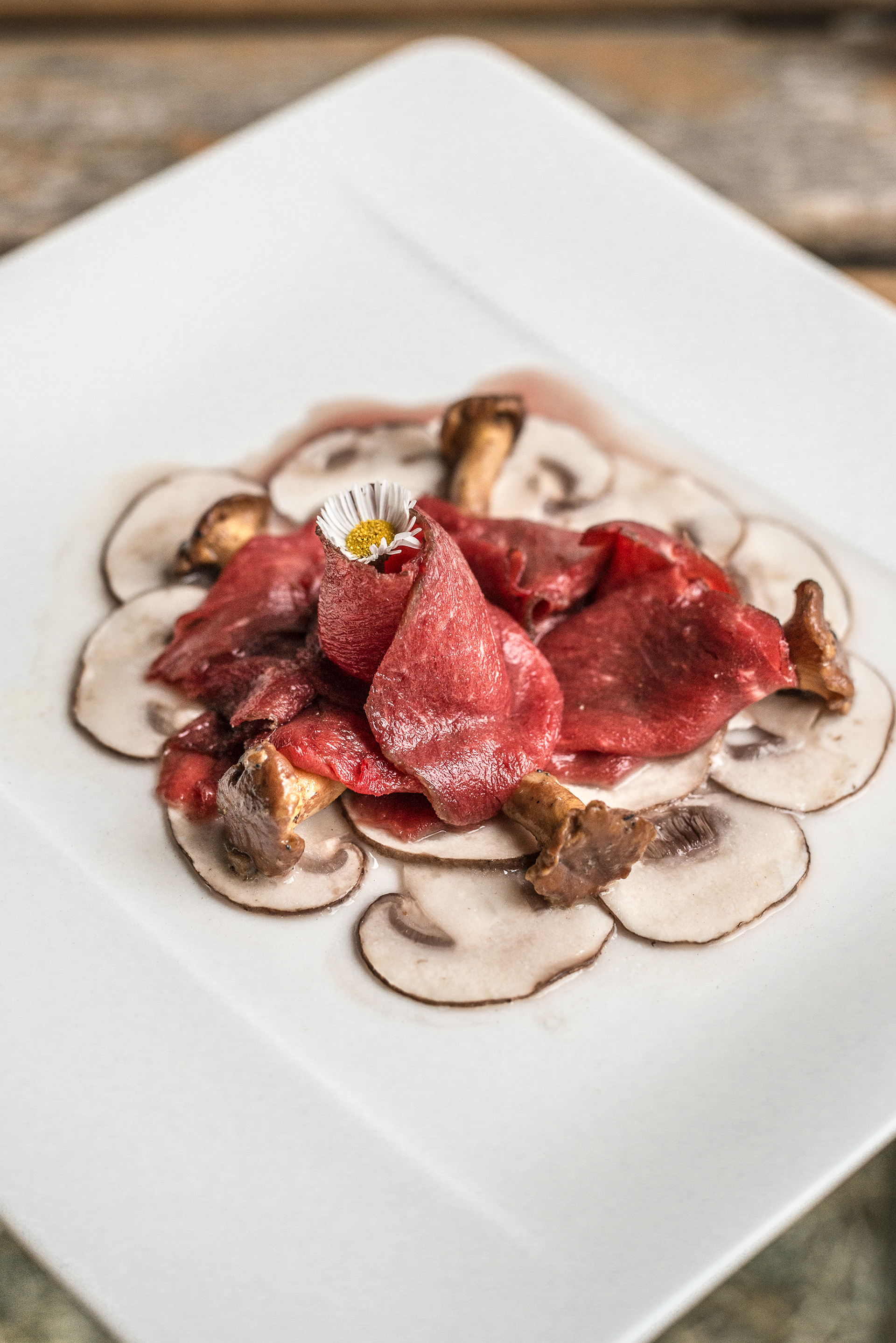 Carpaccio of venison with wild mushroom specially prepared at the Venison Feast, Schwarzenberg village, Bregenzerwald