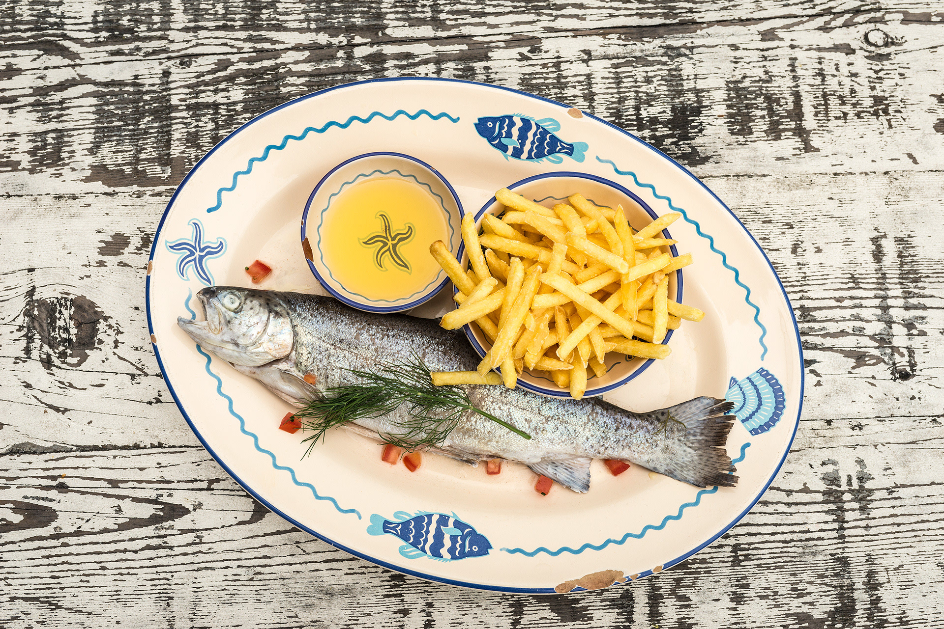 Forelle Biau (Poached Blue Trout) at Fischers Fritz, Camp Site and Restaurant, Lake Zurich