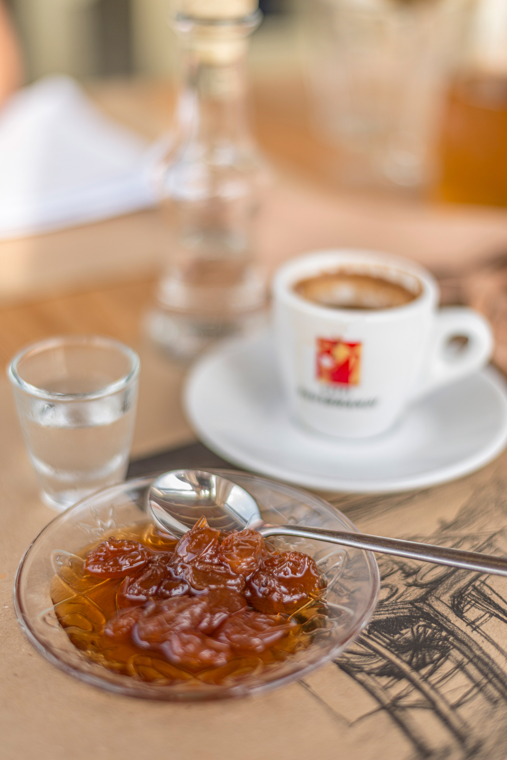 Spoon Sweets, Coffee and Raki served after lunch at Dio Chora Taverna, Dio Chora (Two Villages) Village, Tinos