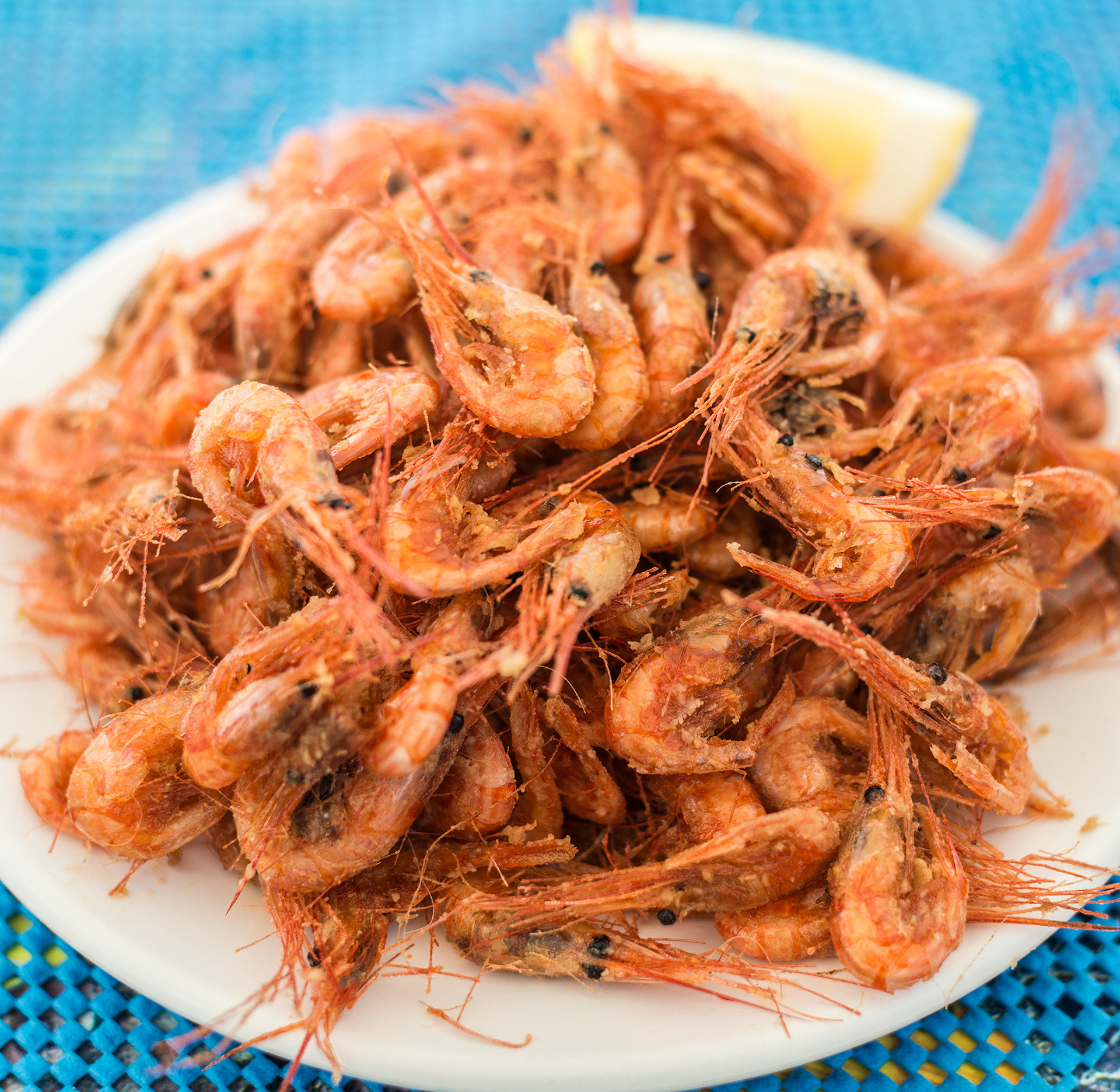 Freshly Caught shrip to eat on board Captain Anthi Arvaniti Fishing Boat Trip