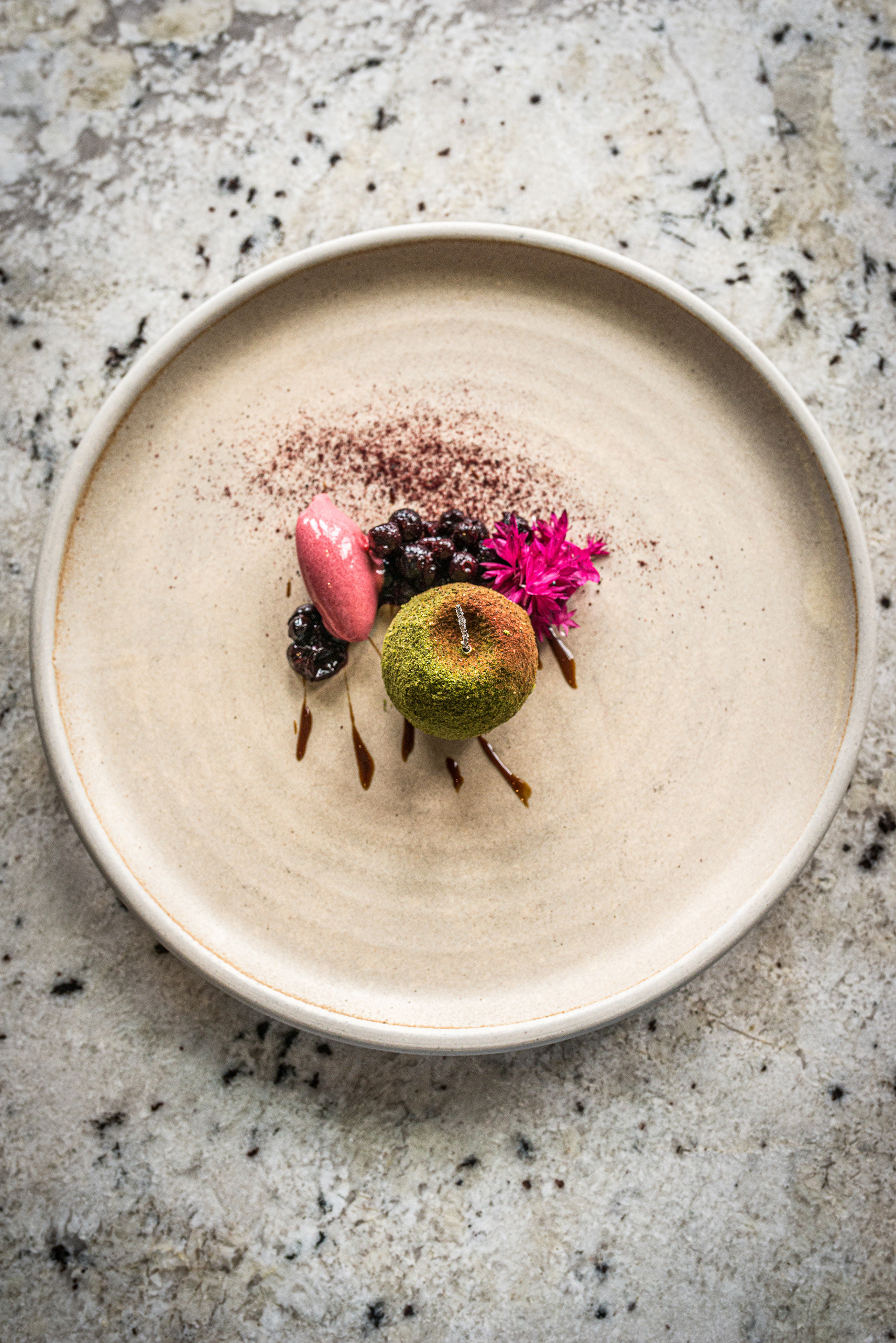 Bramley Apple Cheesecake with Northcote Blackcurrants, Liquorice, Herbs & Flowers served at Northcoate hotel and Michelin star restaurant, Langho, Blackburn, Lancs