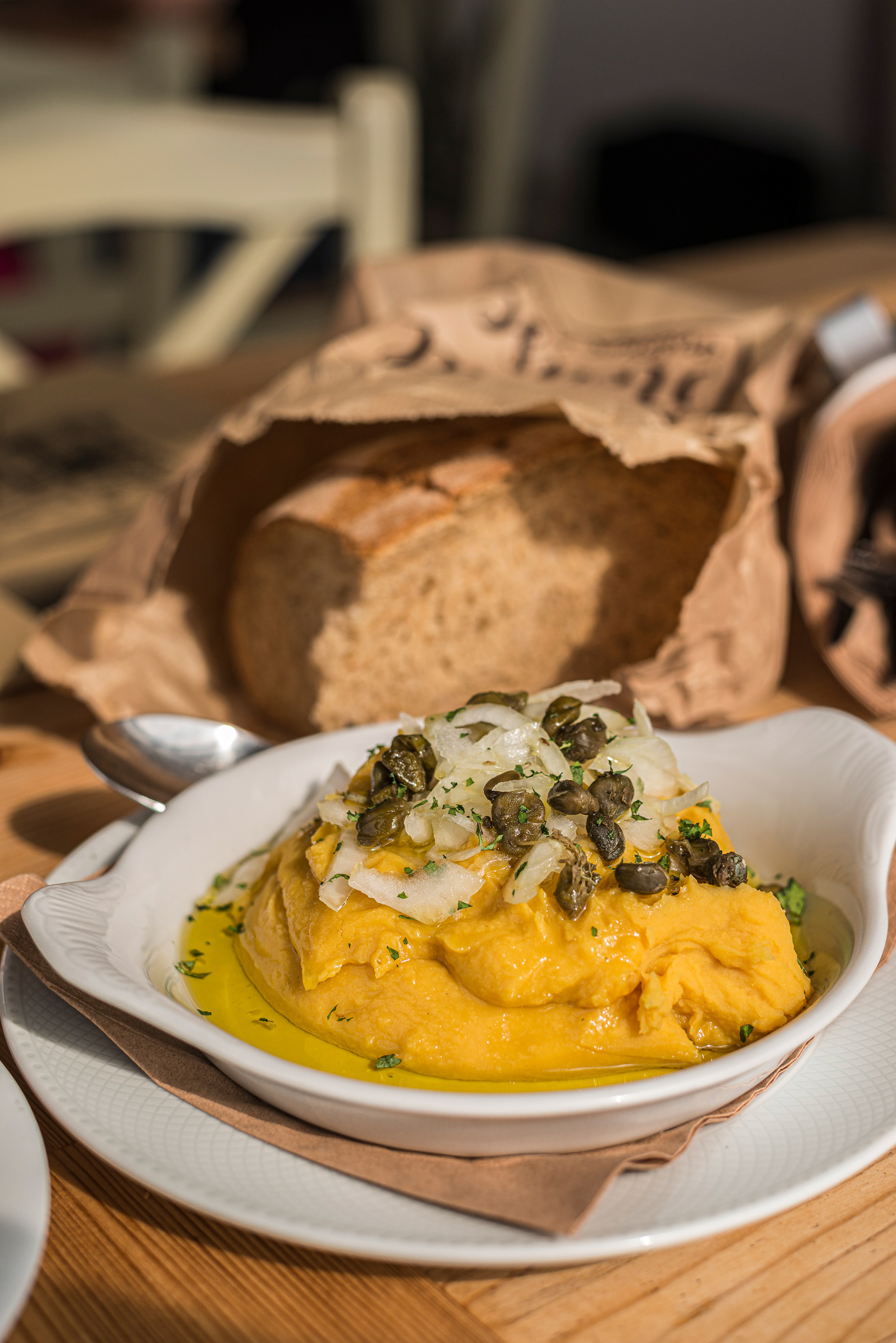 Fava with onion & capers at the Dio Chora (Two Villages) Taverna, Dio Chora Village, Tinos