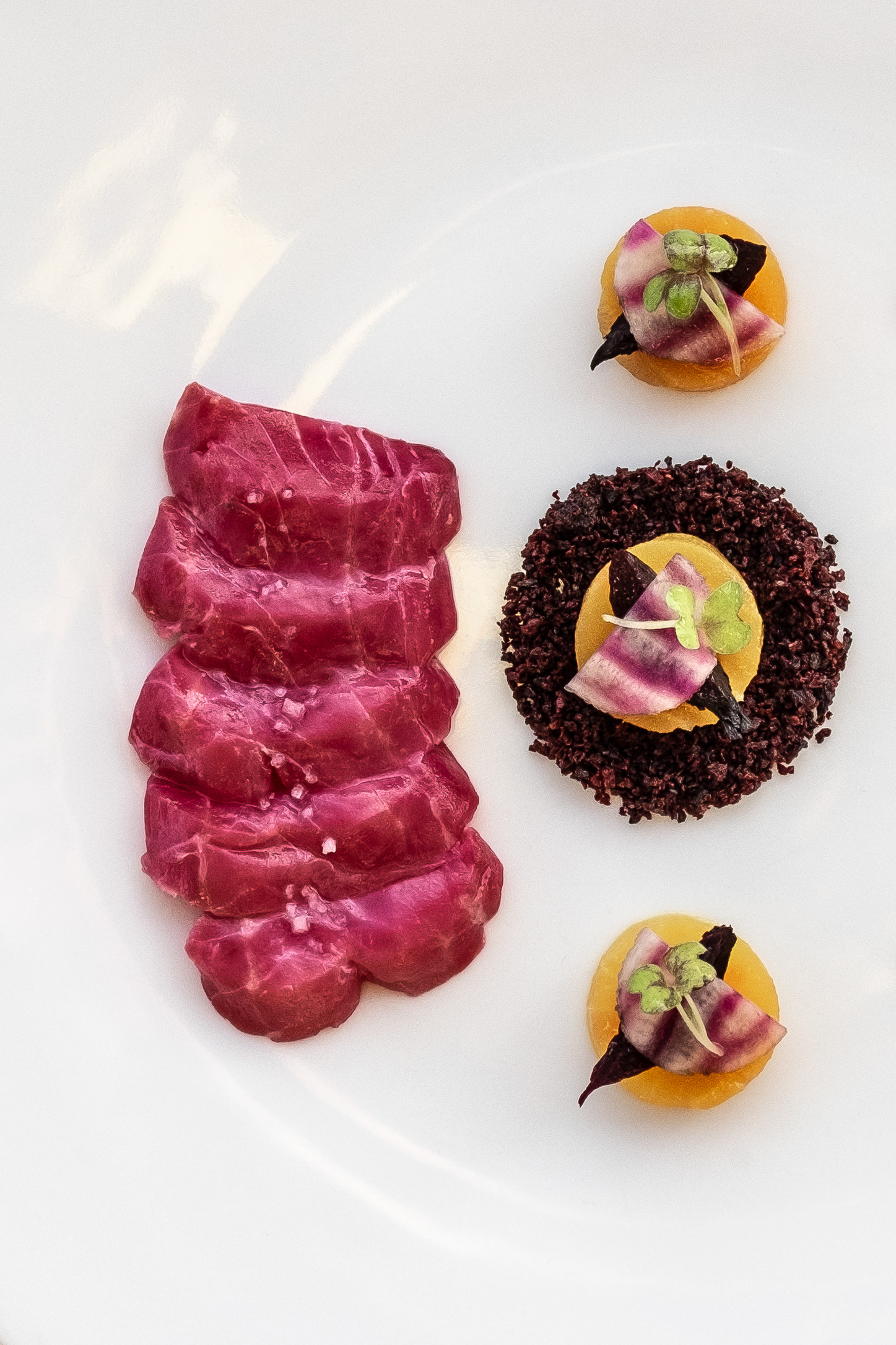 Beetroot Tinted Sea Bass with Myrtle & young turnips, Restaurant L'Oggi, Lumio, Corsica