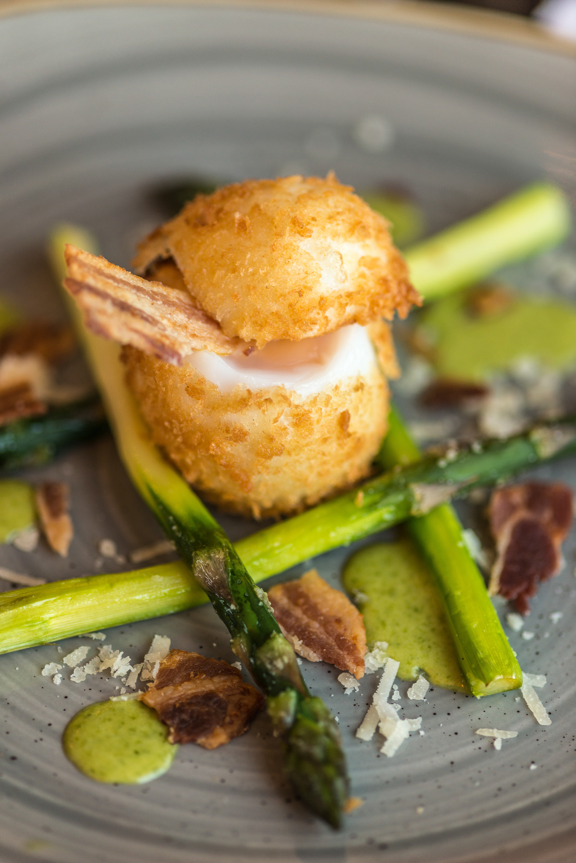 Local asparagus with Scotch egg and bacon for breakfast at Hythe Imperial Hotel, Hythe, Kent