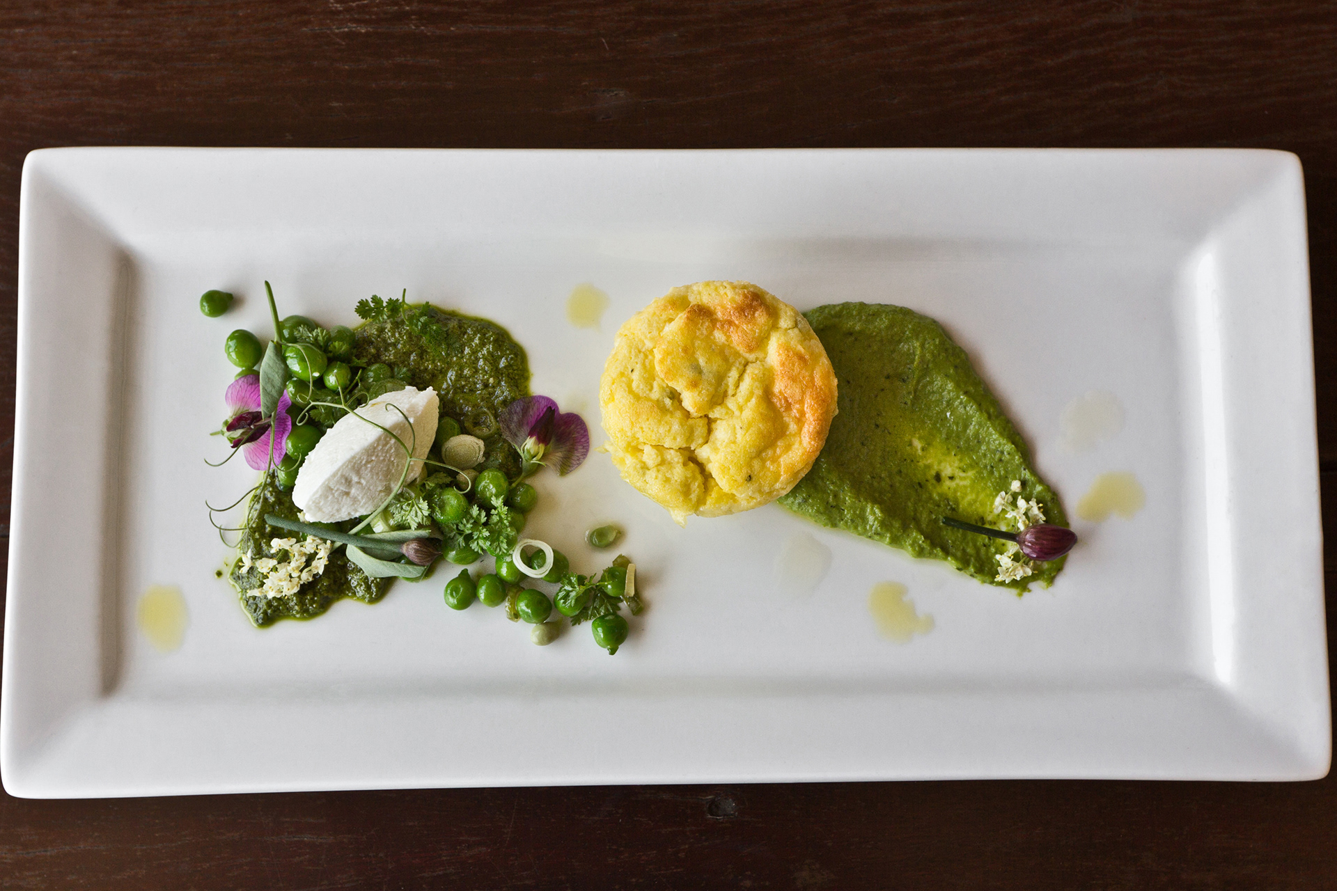 Goat cheese souffle with peas, chervil and rocket pesto, Cullen Winery, Margaret River