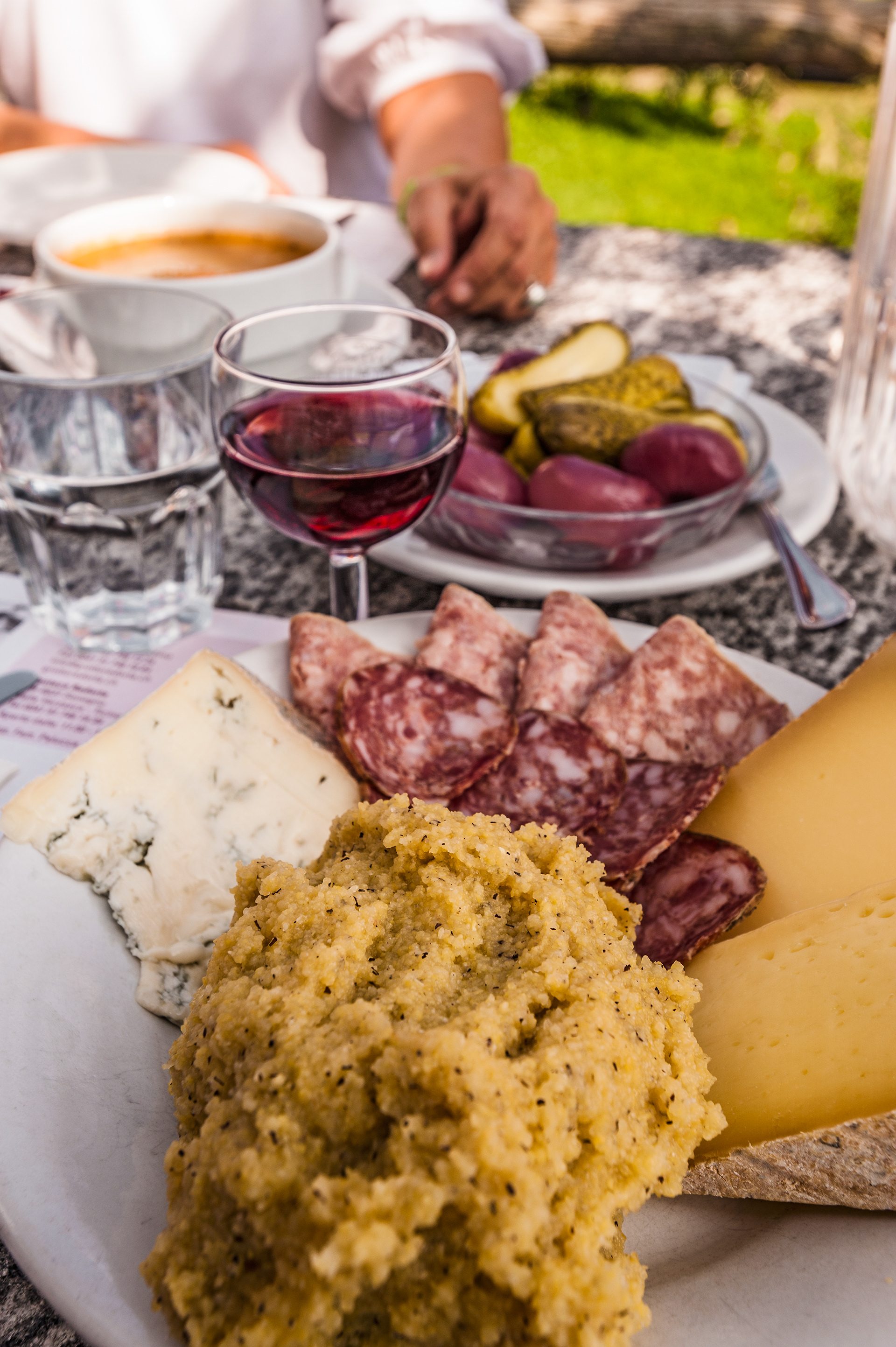 Local Wine, Pickles, Cheese, Anti Pasti & Polenta at Restaurant Grotto Redorta, Sonogno Village, Verzasca Valley, Ticino