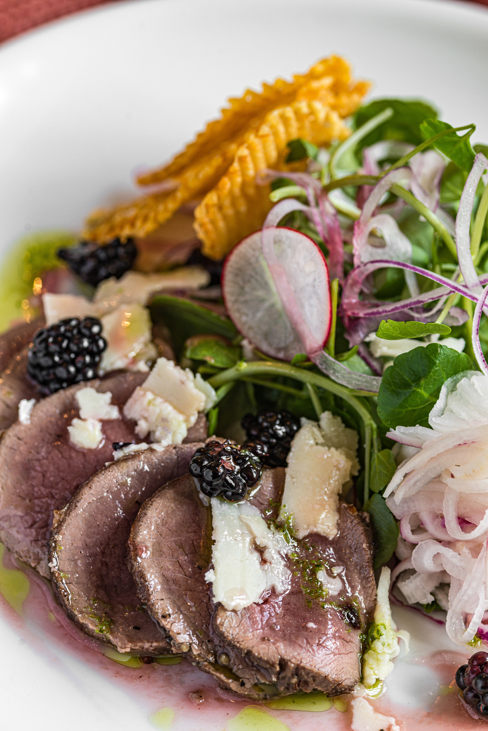 Venison bresaola (Seasoned Venison with Blackberries) served at the Parkers Arms, Newton-In-Bowland, Lancs