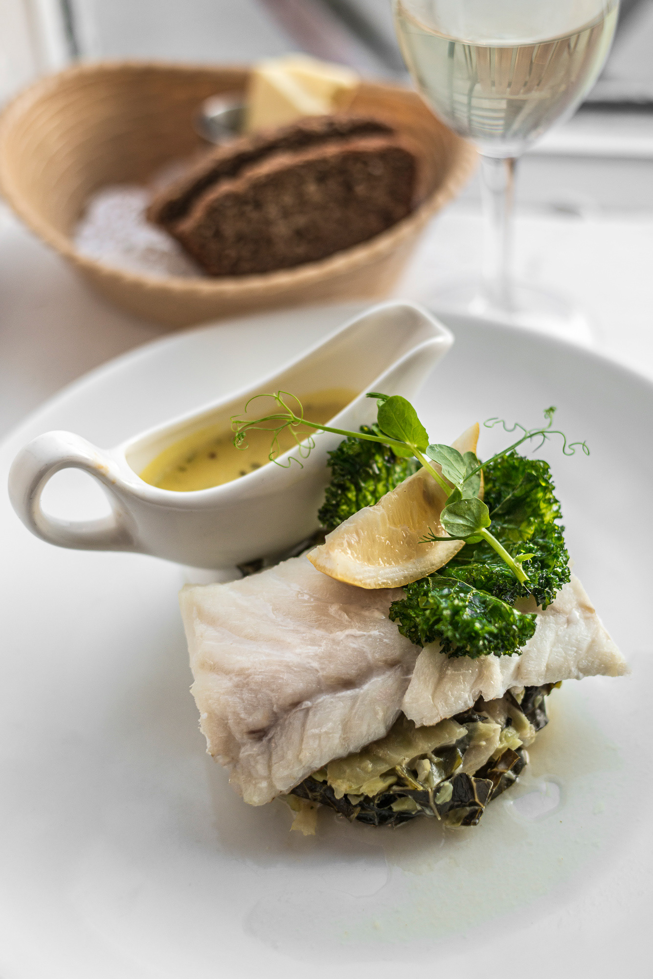 Baked Local Cod, Savoy Cabbage, Tarragon & Mustard Sauce - Mitchells Restaurant - Clifden