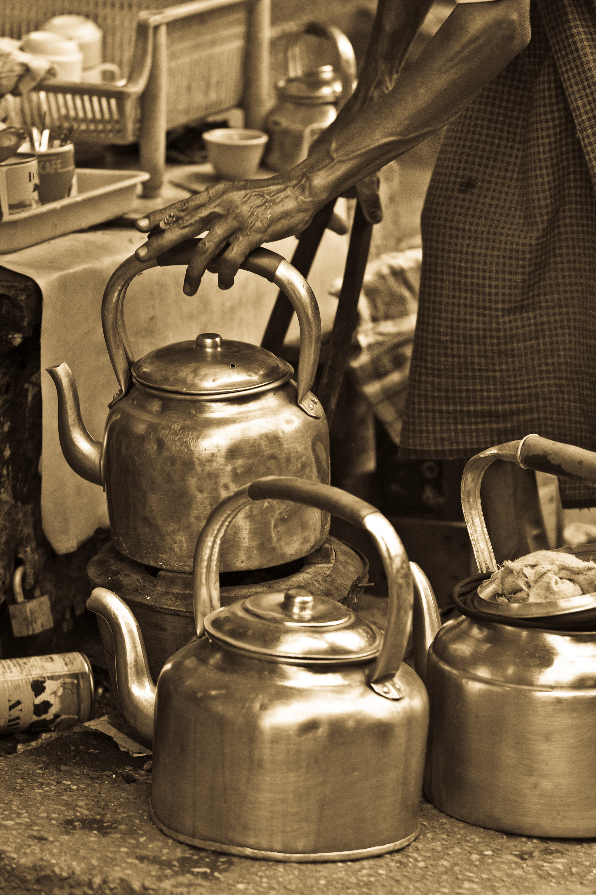 Kettles at a Street Tea House, Yangon