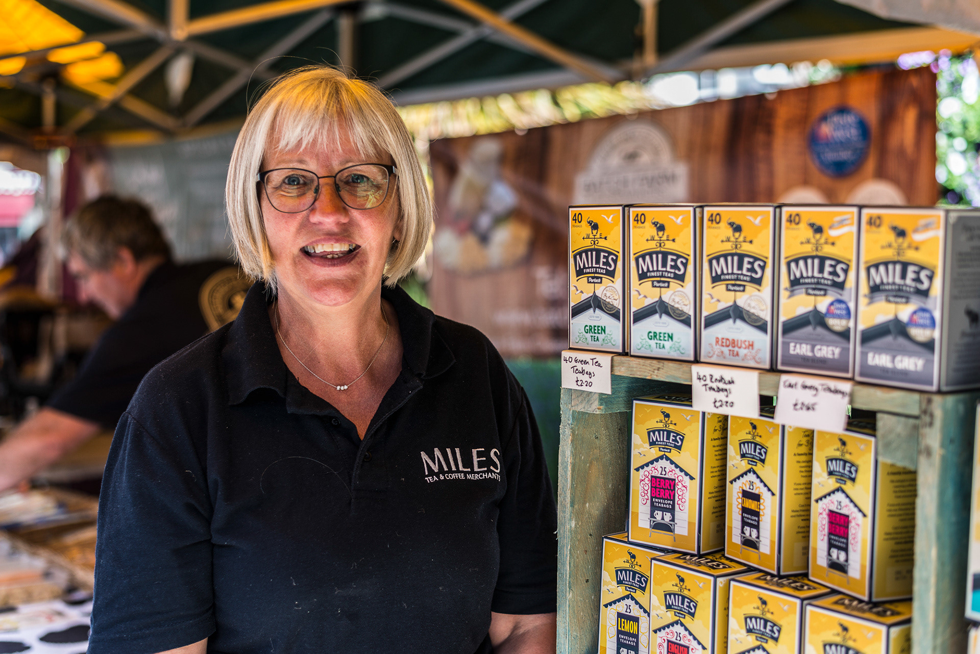 Jo Hobbs of Miles Tea (Wife of Tea Taster-John) at their tea stand, Minehead Farmer’s Market