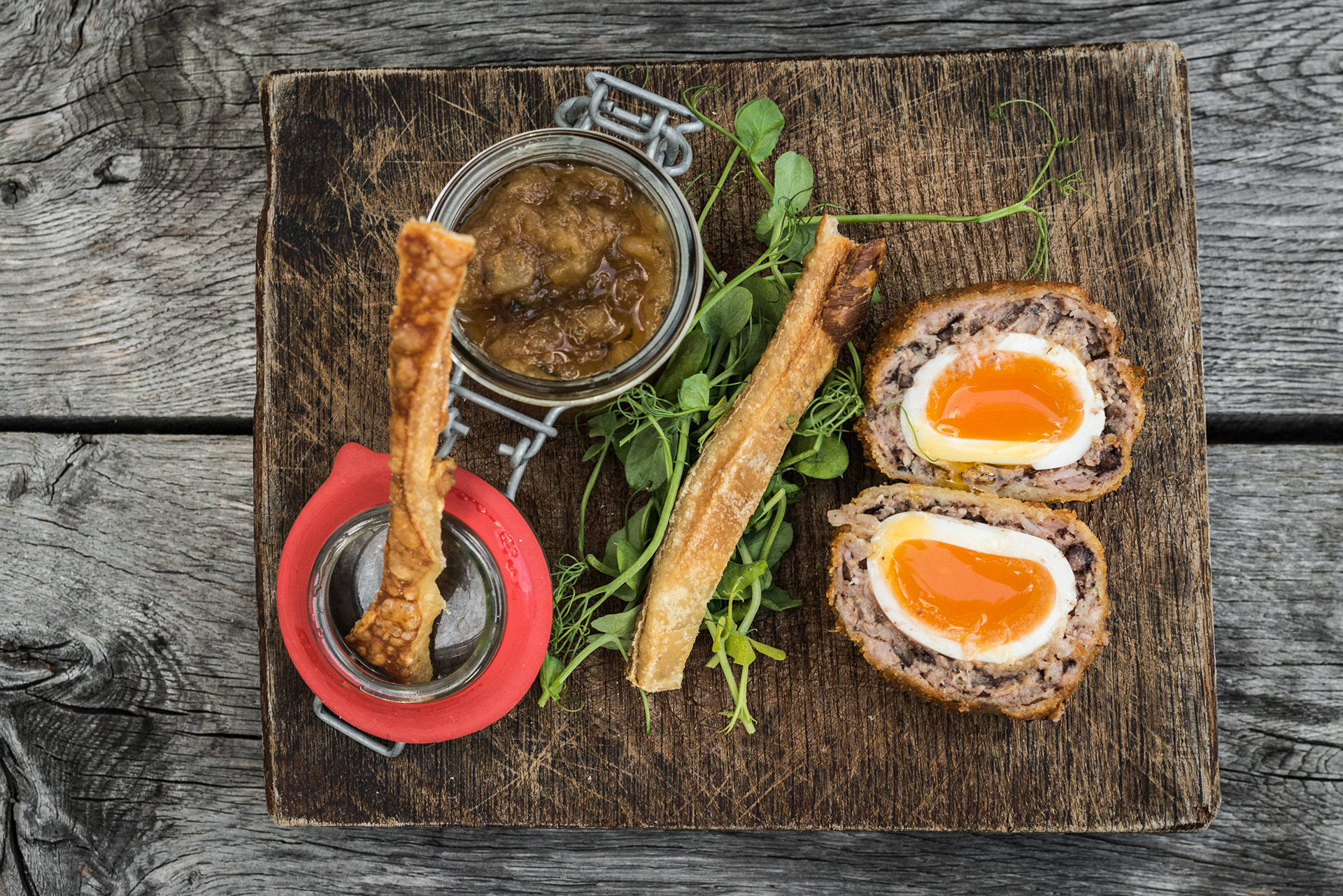 Scotch Egg and Pork Crackling at The Woolpack Inn, Warehorne, Kent