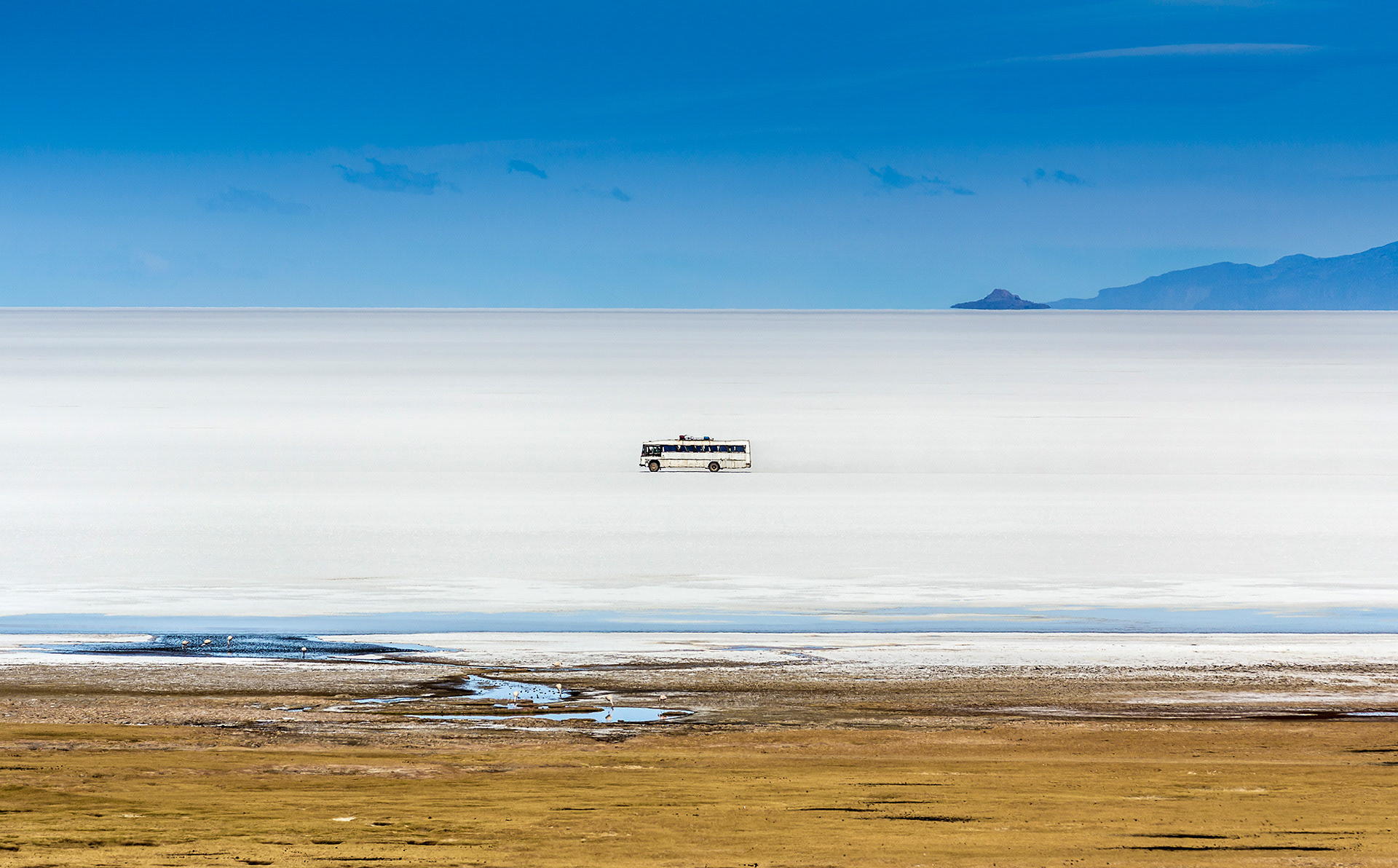 Local Bus Crosses Uyuni Salt Lake, Chantiani Villiage