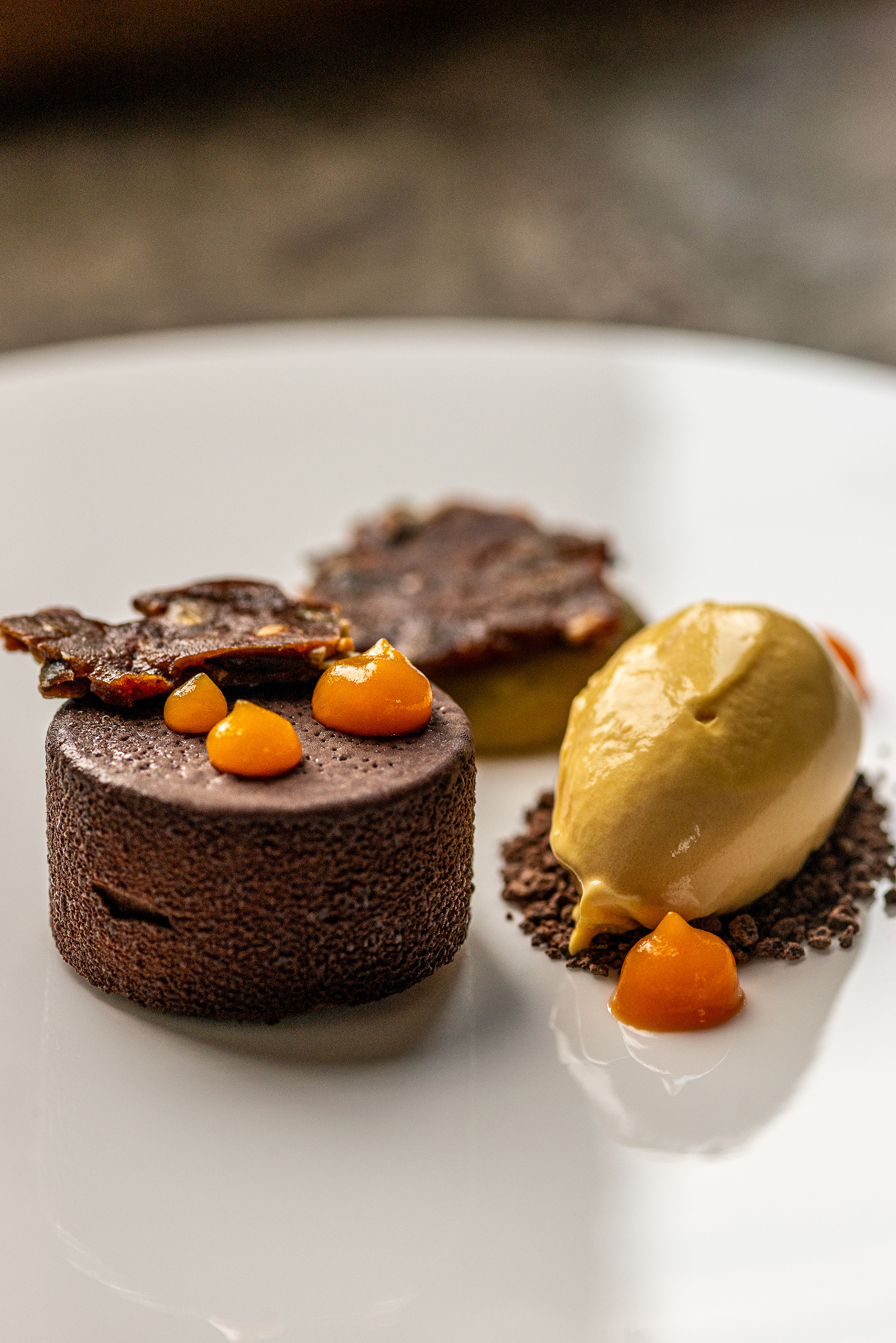 Old Downton Lodge - Dark Chocolate Delice, Pumpkin & Miso Ice Cream, Pumpkin Brittle