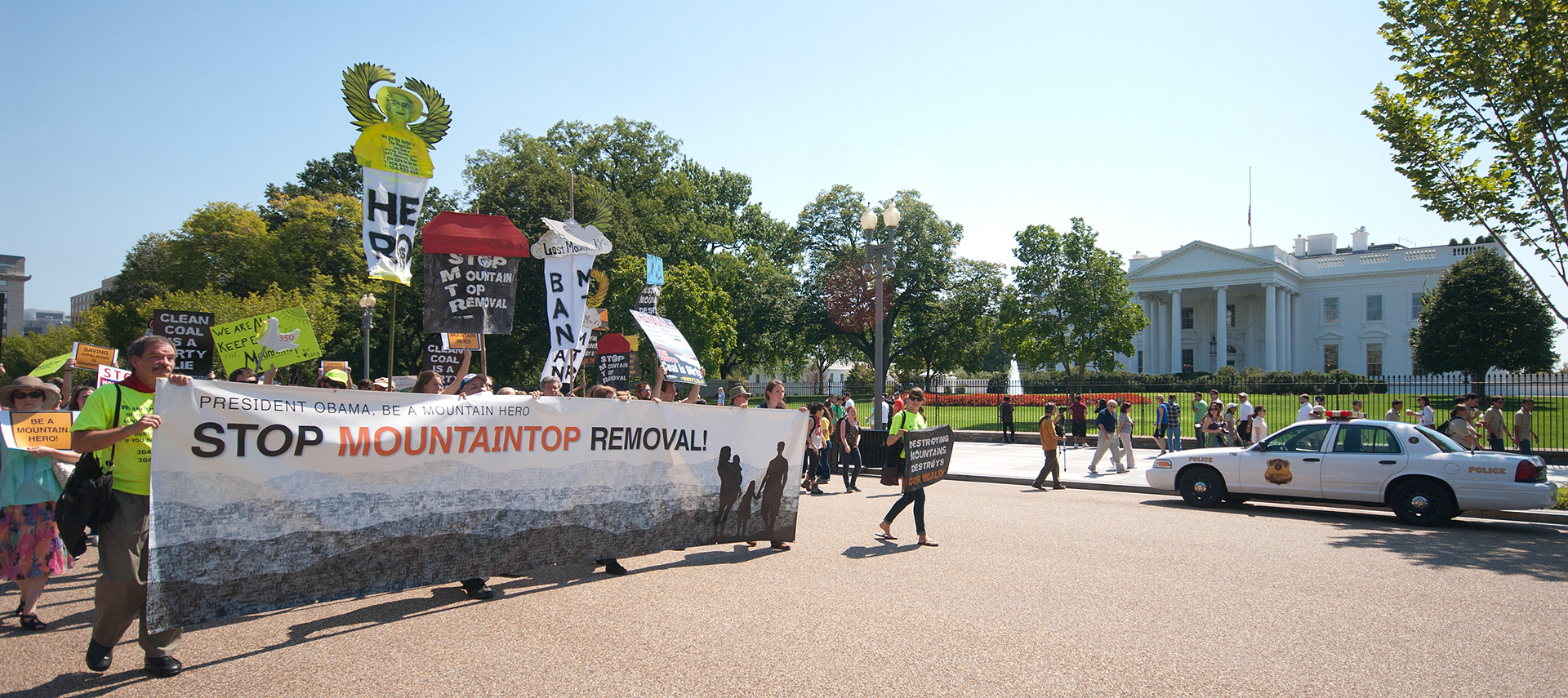Activists march outside the White House in Washington, D.C.,  12, 9 20120912, 2012, in a rally to stop mountaintop removal coal mining in Appalachia.