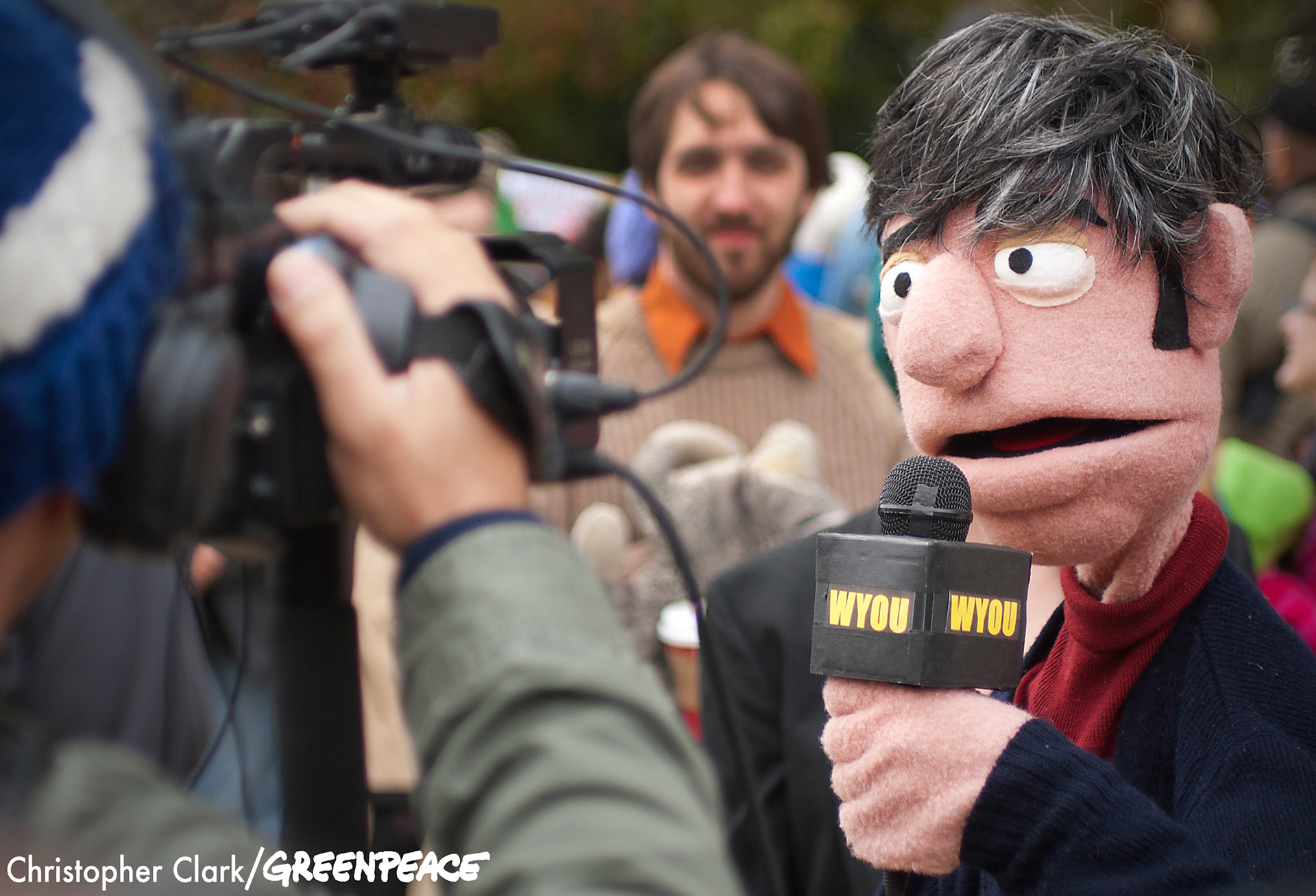 Operated by puppeteer Matt McCroskey, Jim Sternwell reports live from Lincoln Park, the starting point for the Million Puppet March on the Washington, DC mall Nov. 3rd, 2012. The Million Puppet March, a rally against the Republican presidential candidate Mitt Romney's debate remarks about Big Bird and cutting PBS funding if elected, started in Lincoln Park and ended at a Capitol Reflecting Pool rally with an estimated 600 in attendance.