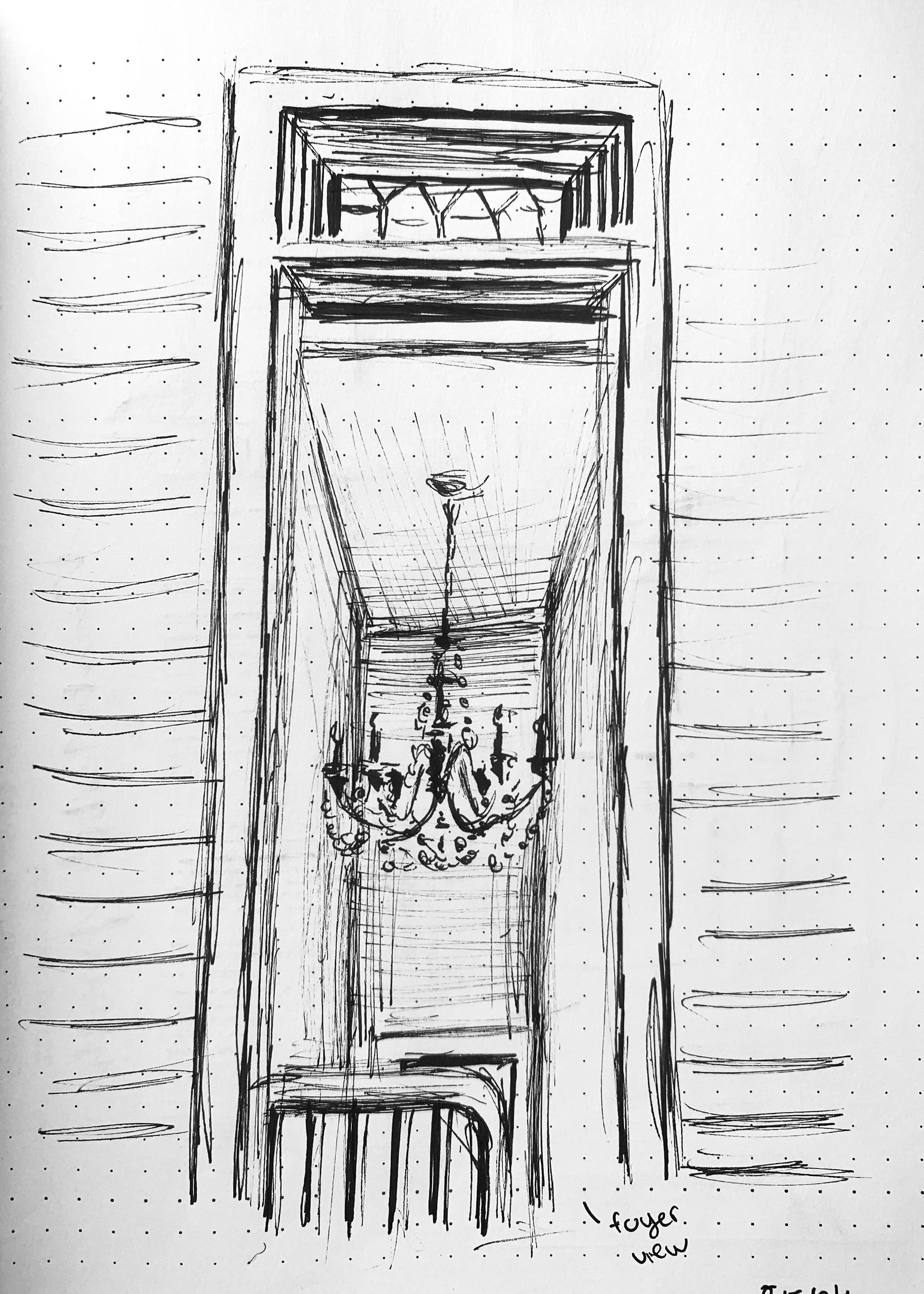 "Chandelier foyer" | ink pen | 6 x 9" mix media paper