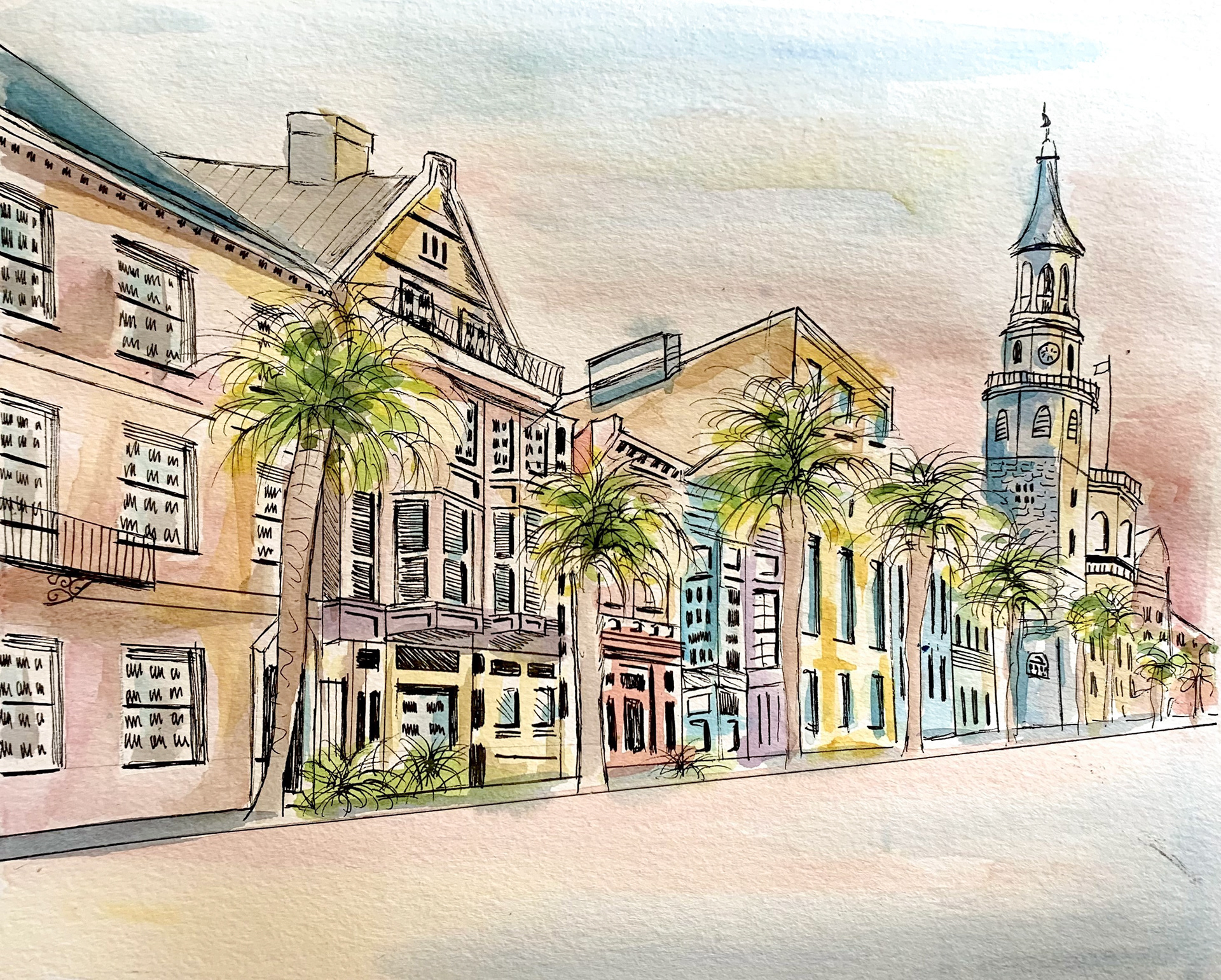 "Rainbow Row" | watercolor | 10 x 16" mix media paper