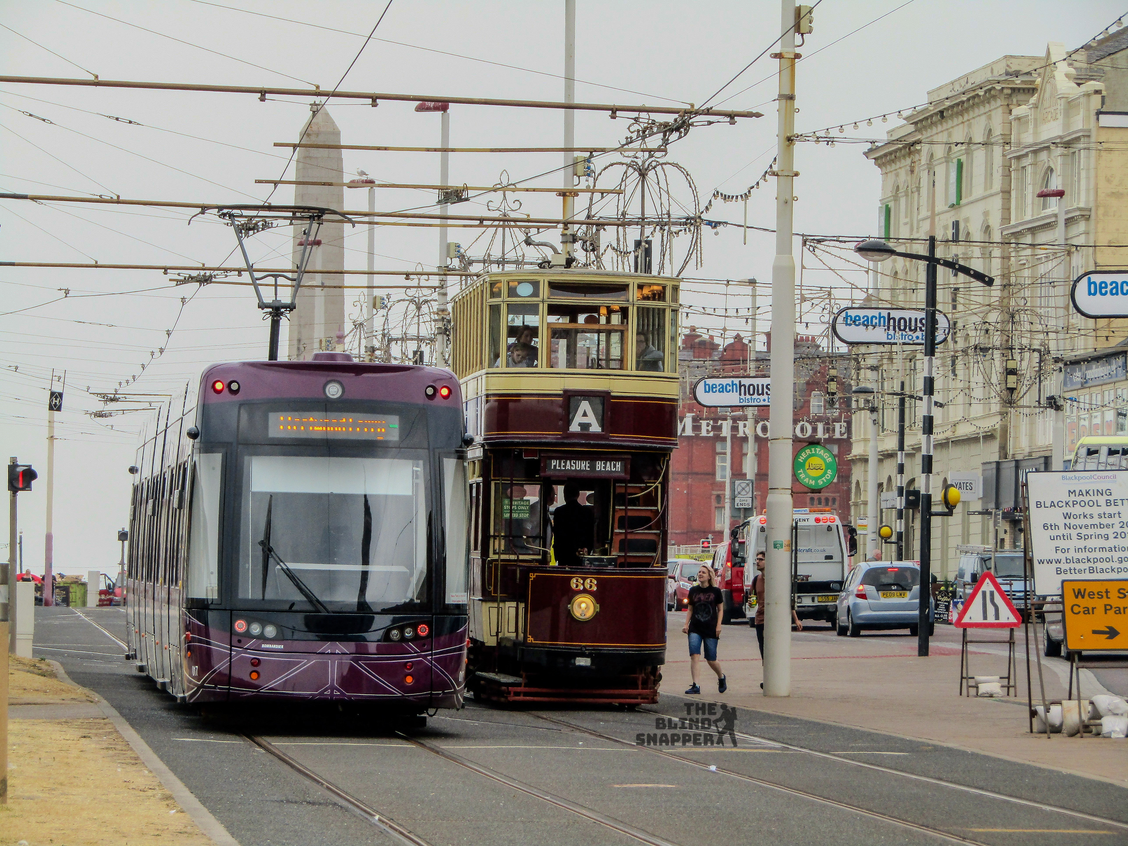 A Flexity with Heritage Tram 66 on the seafromt