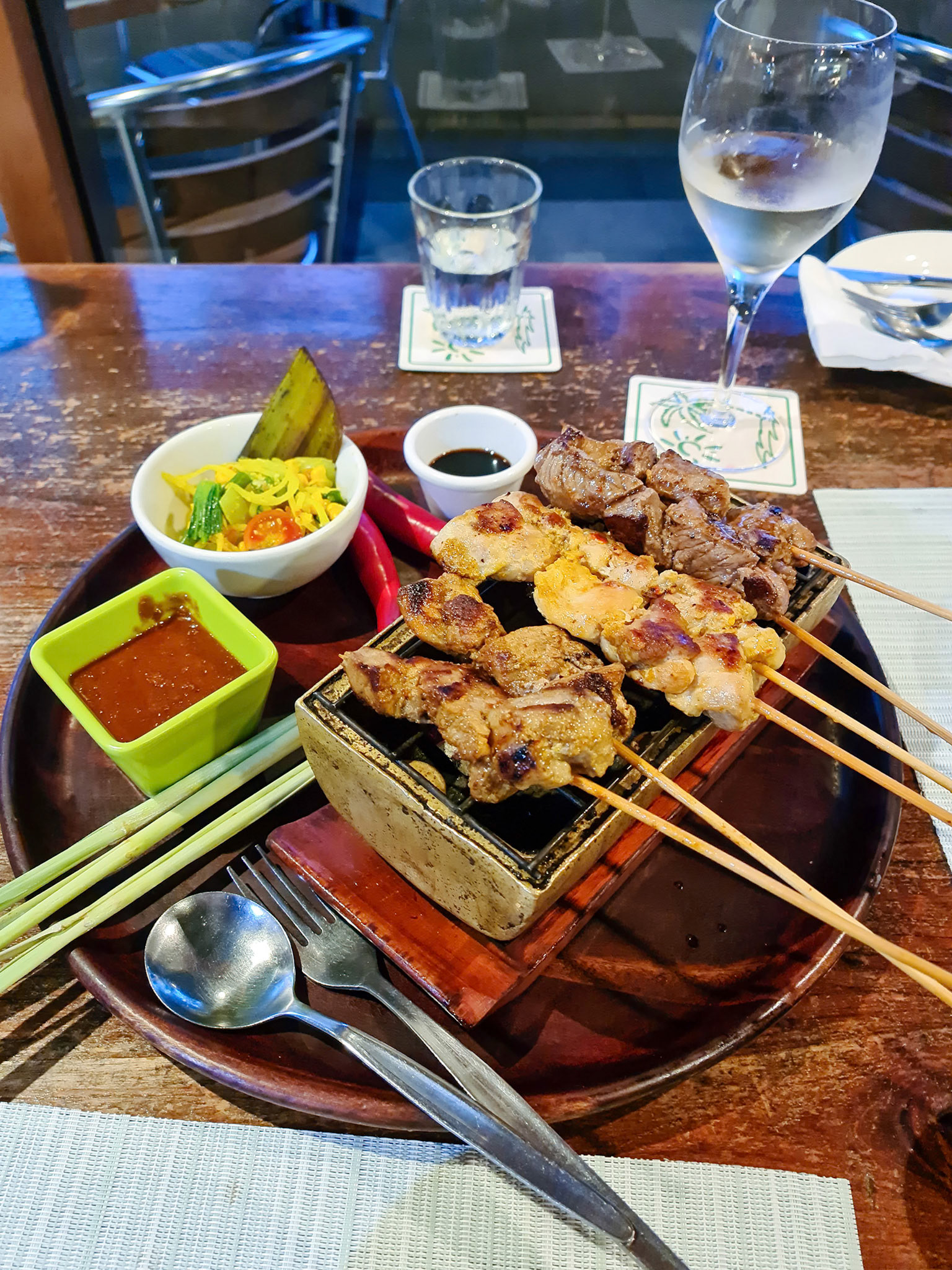 Sate and Sambal Kacang 6 pieces sate white wine Bayleaf Balinese Restaurant Cairns QLD  © copyright-lewis-a-collins-http://lewiscollins.com.au