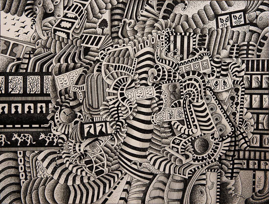 Le départ, dessin à l'encre de chine