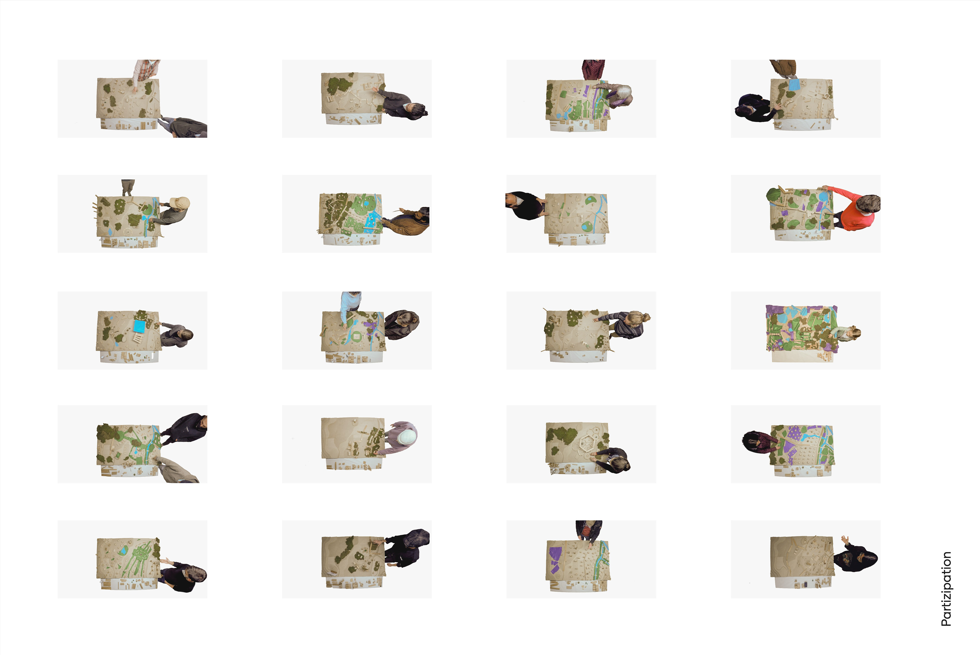 Grid of 20 photos from above, each showing one or two people at the topographic model of Pforzheim. Every model is built differently, with wooden blocks, moss and blue, green and purple felt.