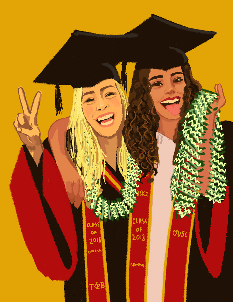 2018 USC Graduation Artwork, of myself and my twin sister Allison wearing the Hawaiian-style money lei