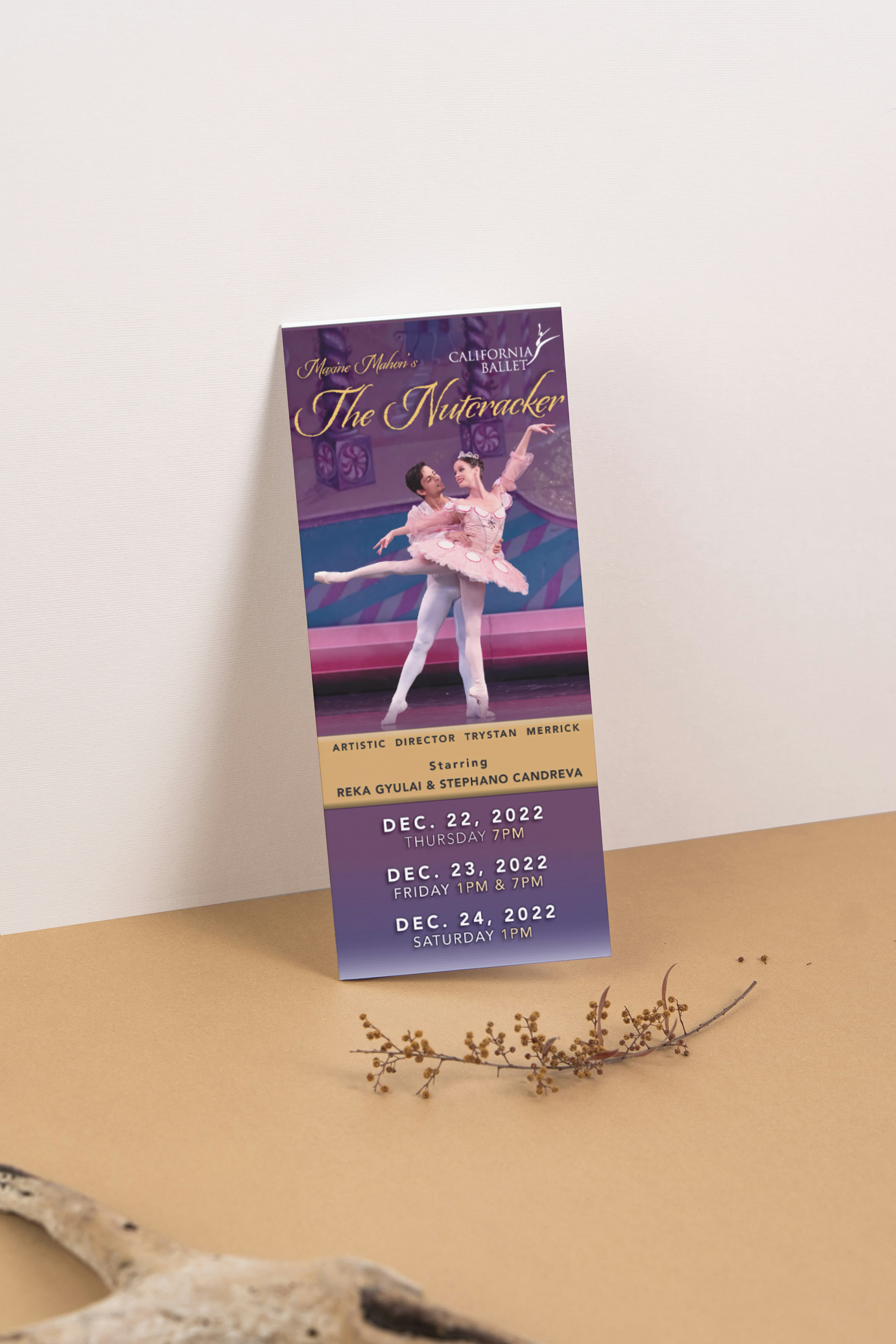 A matching printed rack card created for California Ballet's "The Nutcracker" marketing campaign
