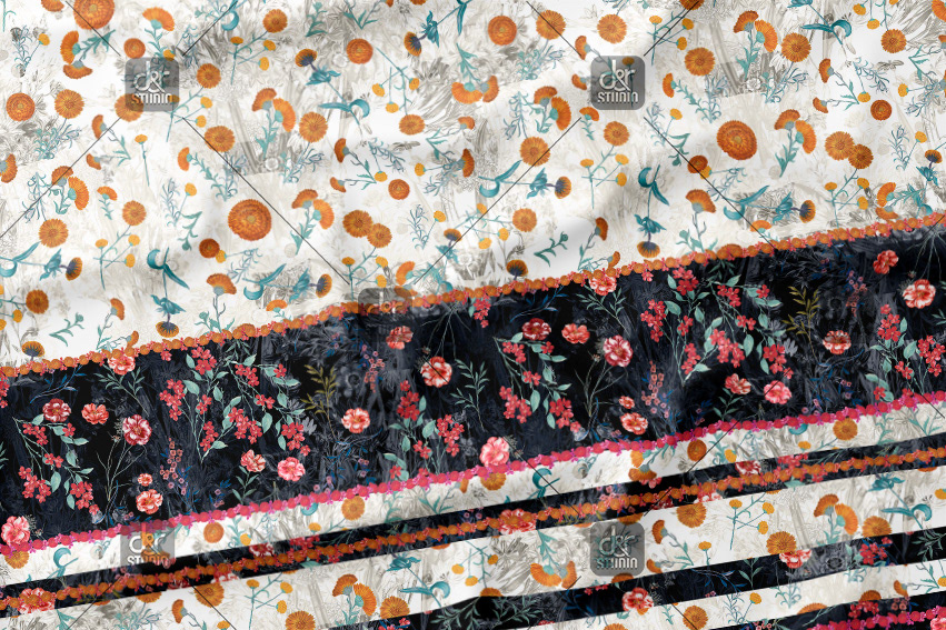 Contrasted border style floral pattern with abstract background. Work commissioned for Estampados J Y Punt. Finally sold to Punt Roma - Season: Spring 2015