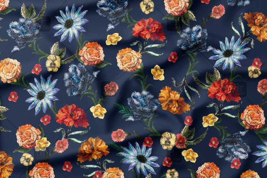 Pattern with embroidery simulation flowers. Work commissioned for Estampados J and Punt, finally sold to Mango - Season: Winter 2014