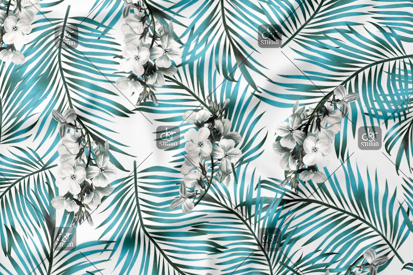 Flower pattern with tropical palm trees. Work commissioned by Estampados J Y PUNT. Finally sold to Punt Roma - Season: Summer 2017