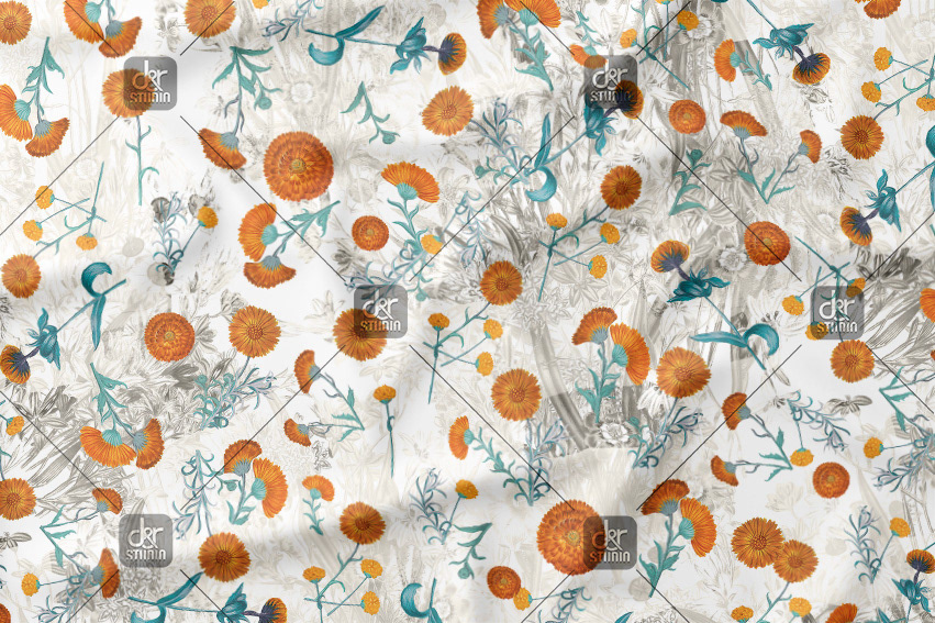 Patrón floral con fondo abstracto. Obra encargada para Estampados J Y Punt. Finalmente vendido a Punt Roma - Temporada: Primavera 2015