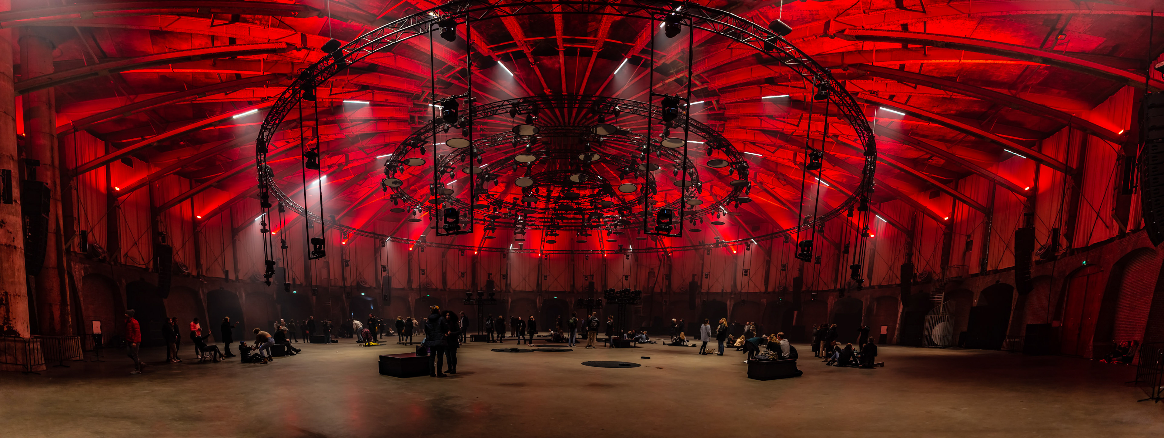 A light and sound installation at Gashouder Westgasfabriek in Amsterdam, 2 Feb. 2020. FInal night.