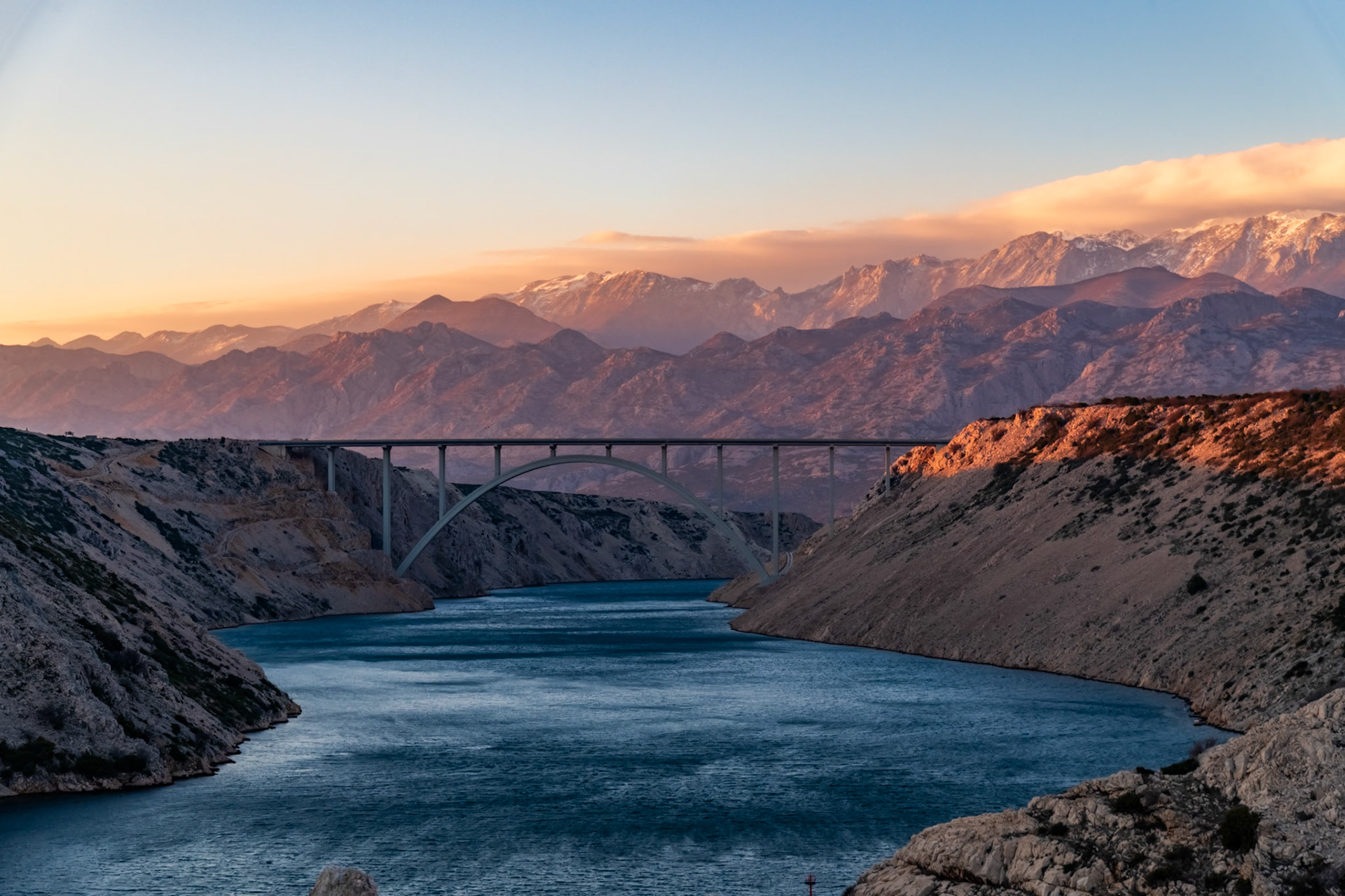 The Velebit Mountains at Sunset from Maslenica Bridge, Zadar Country, Croatia
