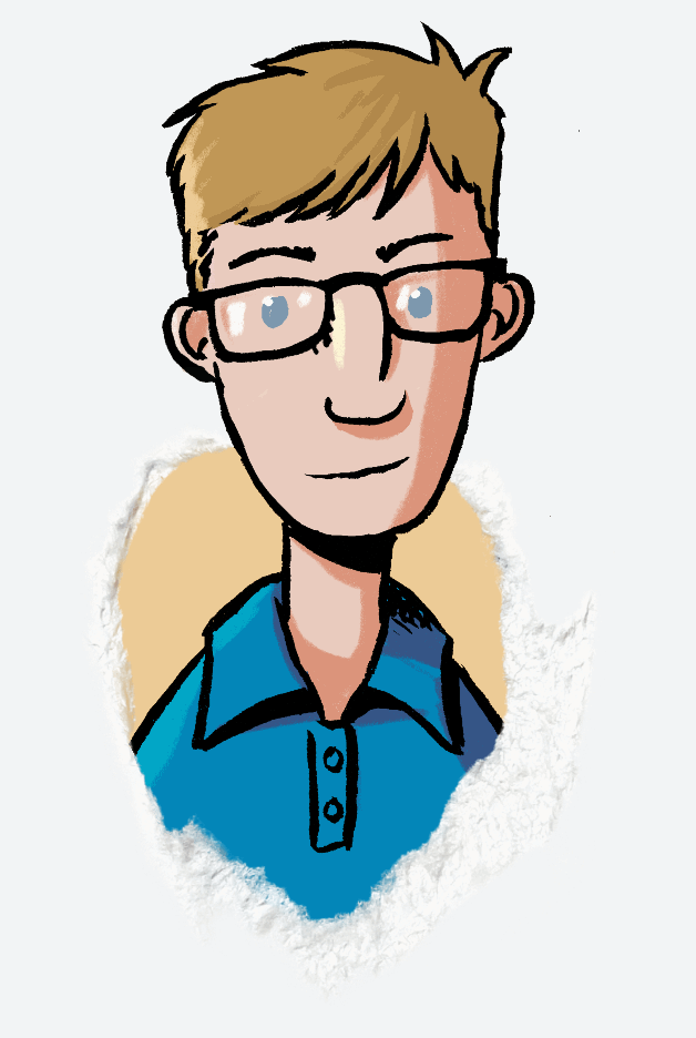 Illustration of a blonde haired guy with glasses, wearing a polo shirt poking his head through a hole torn paper hole.
