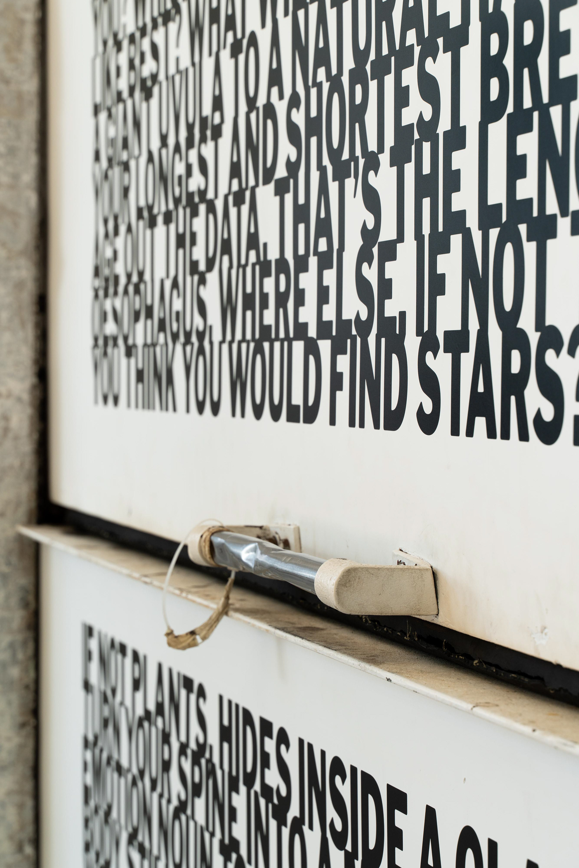 A close up of Wong's work Reflection. It shows text printed on an industrial elevator door, we see the handle of the vertical doors in the foreground.