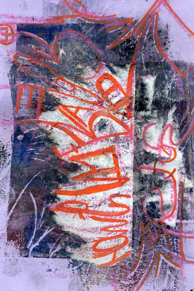 A geometric marker pen design on paper, shaped around a complex sigil. The sigil begins with shapes familiar as English letters, but twists and turns around itself, embracing the contours of the abstract prints behind it. The sigil is orange with pink oil pastel highlights, the prints are blue and black and the paper is purple, with central reliefs of white where the surface has been abraded.