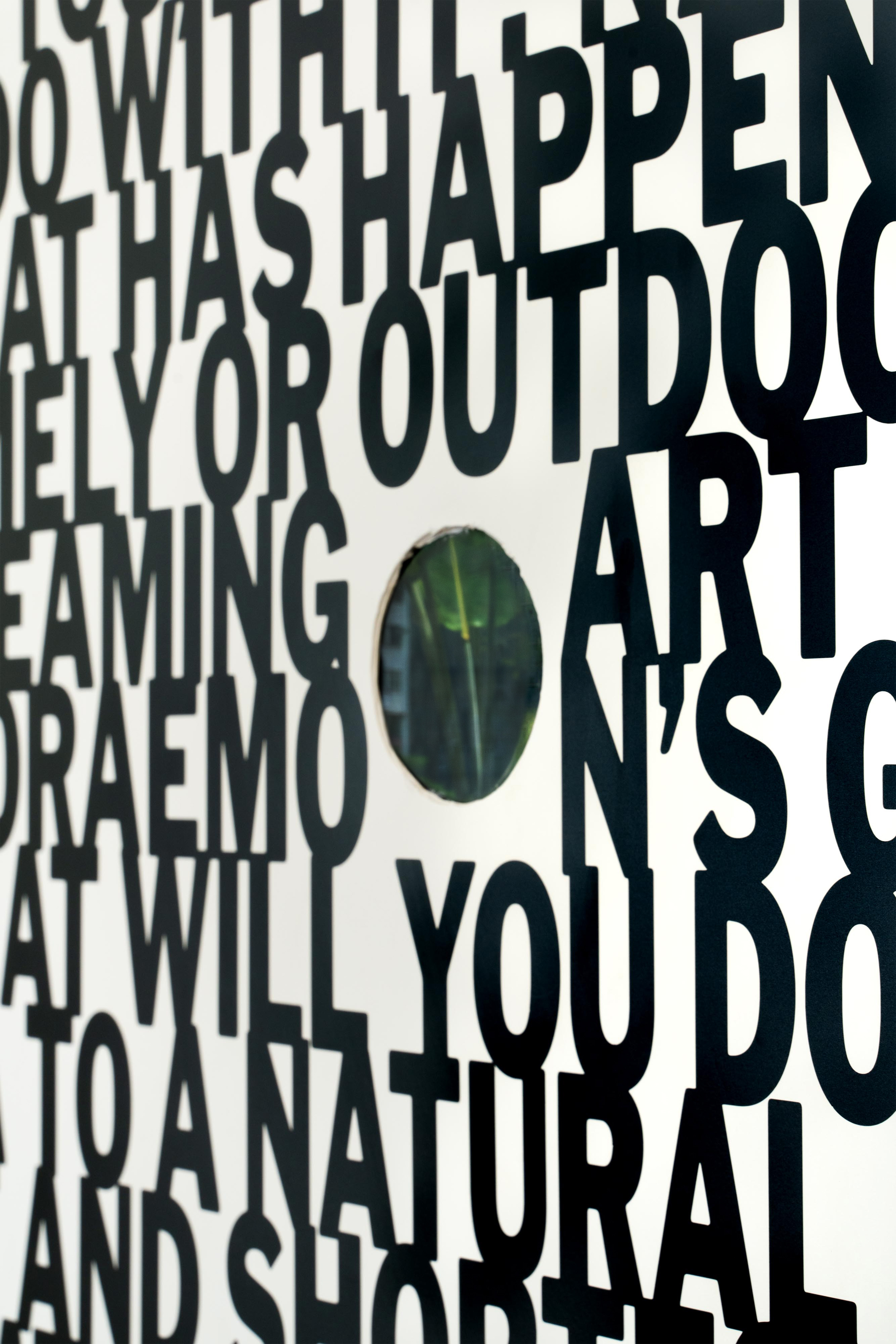 A close up photograph of Wong's piece, Reflection. It shows black text in a white industrial elevator door, there is a hole at the centre.