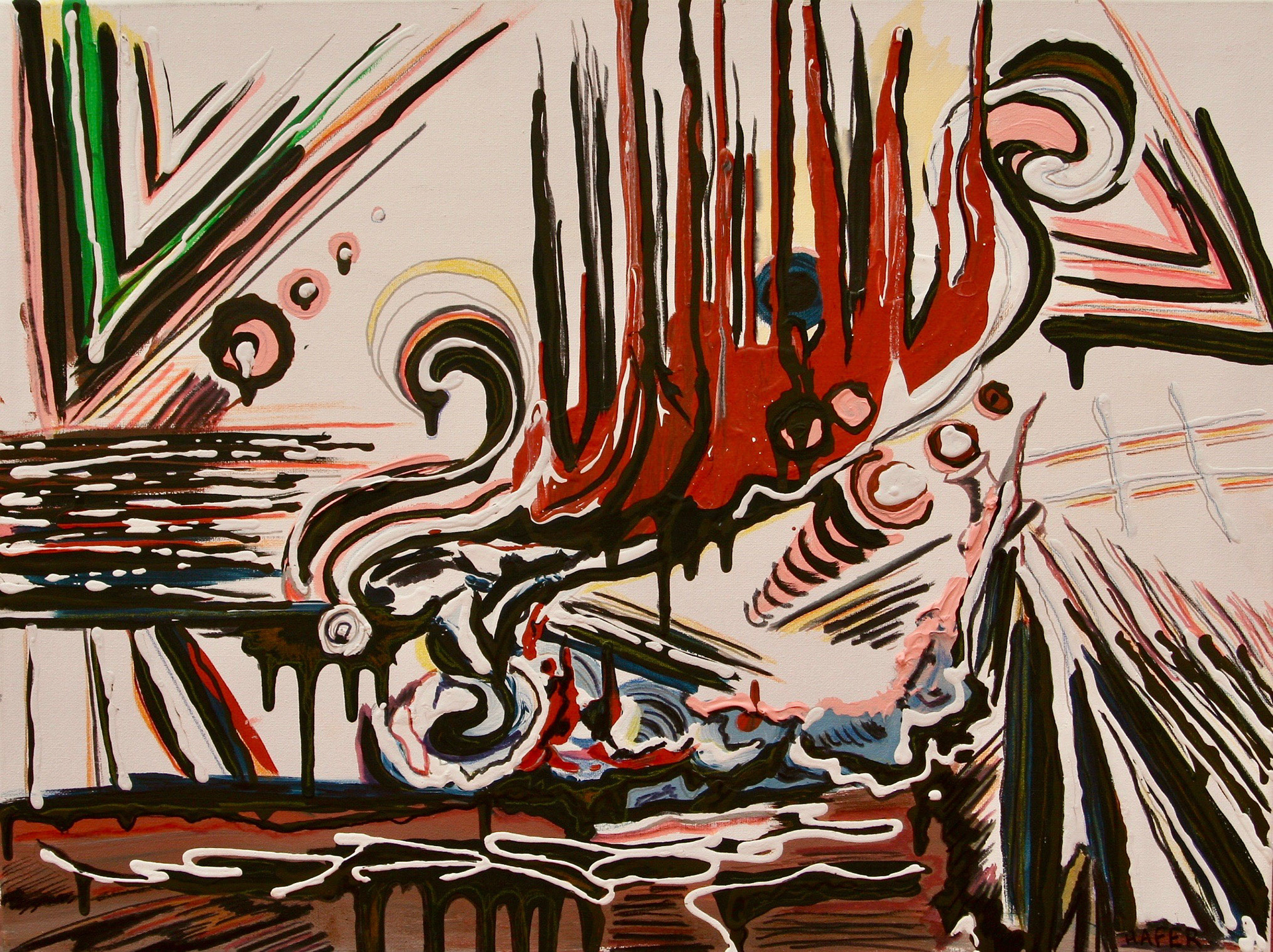 Anna Lee Hafer [Portfolio Artist]  |  Persuasion  |  acrylic/tempera paint, marker, spray paint on stretched canvas  |  www.hafer.work